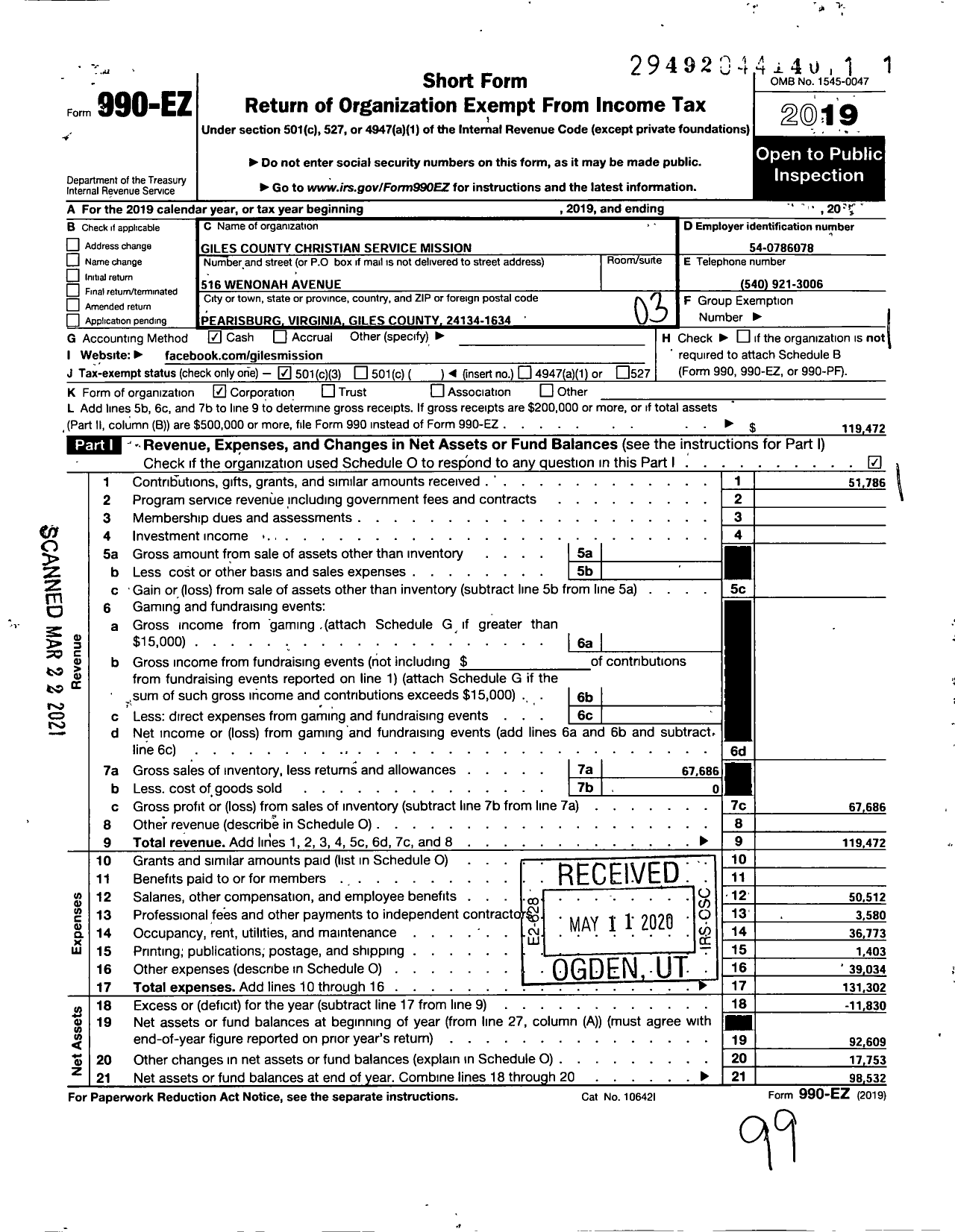 Image of first page of 2019 Form 990EZ for Giles County Christian Service Mission