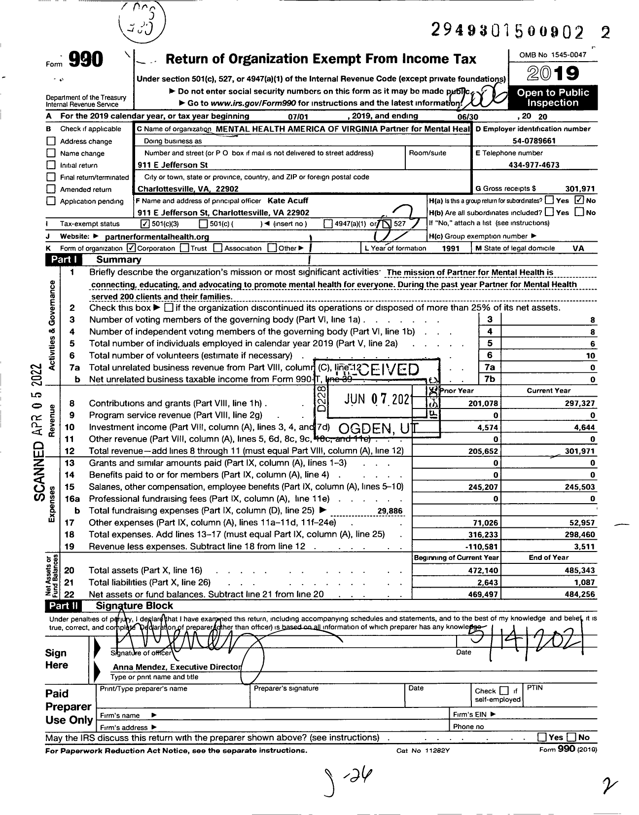 Image of first page of 2019 Form 990 for Partner for Mental Health