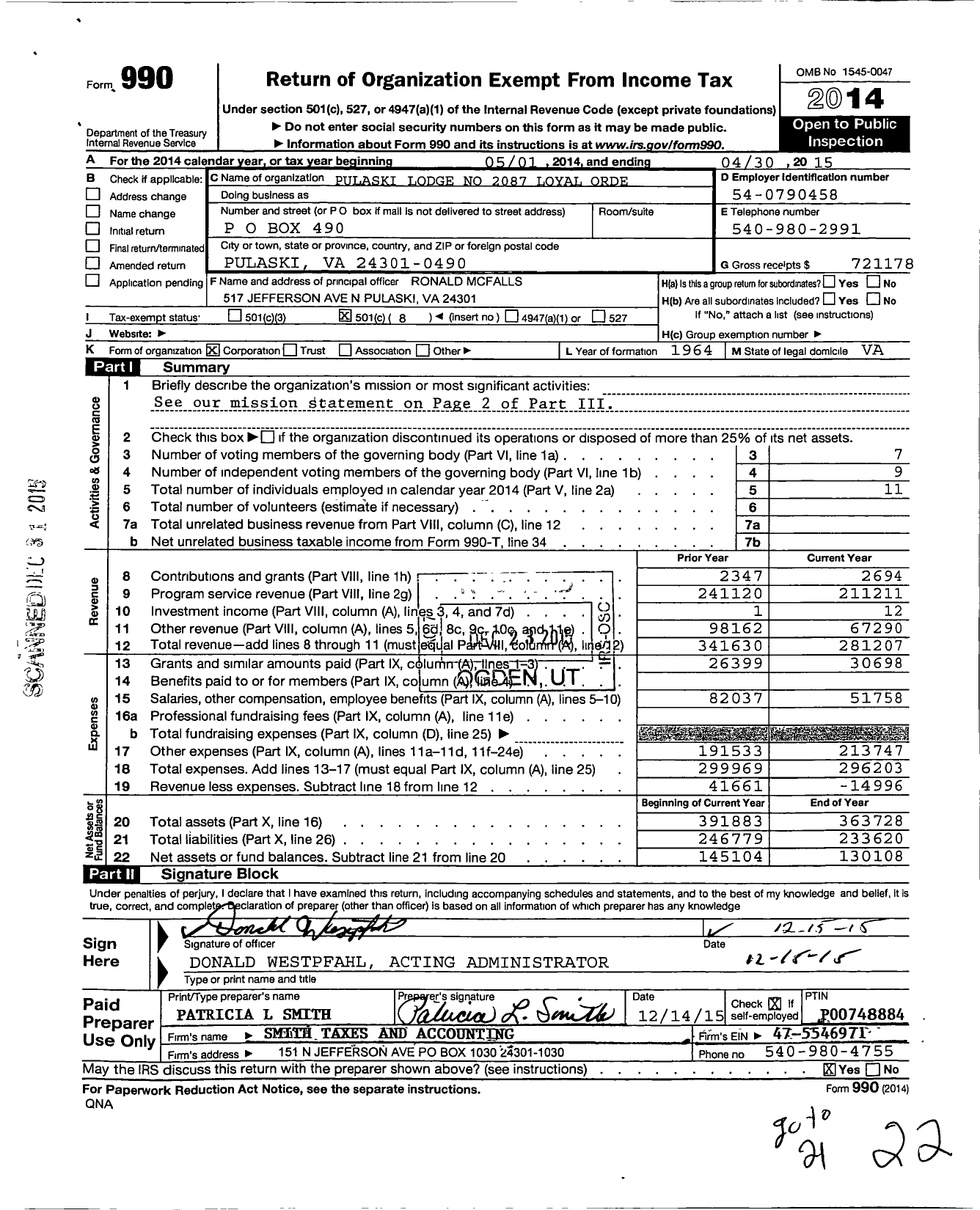 Image of first page of 2014 Form 990O for Loyal Order of Moose - 2087