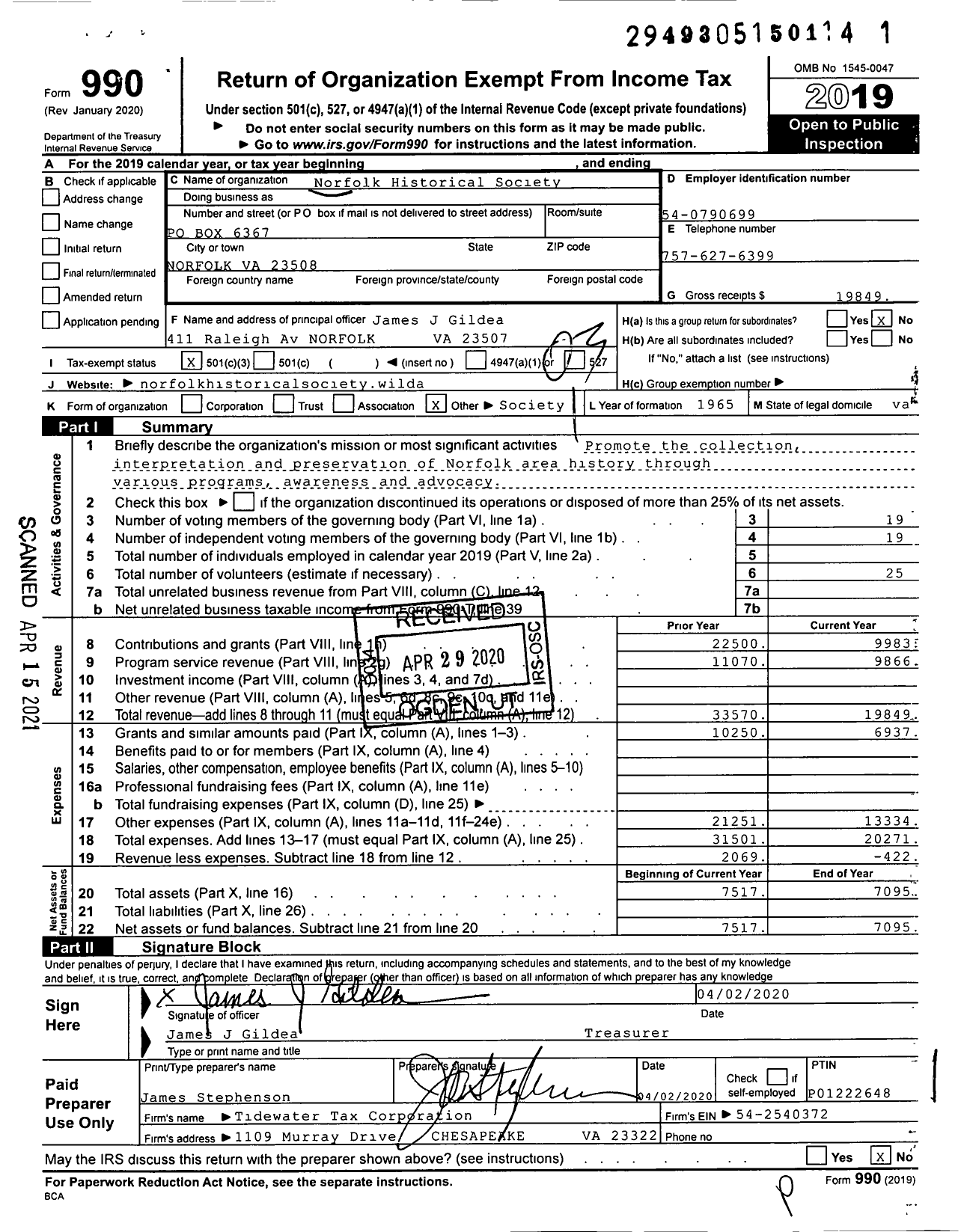 Image of first page of 2019 Form 990 for Norfolk Historical Society