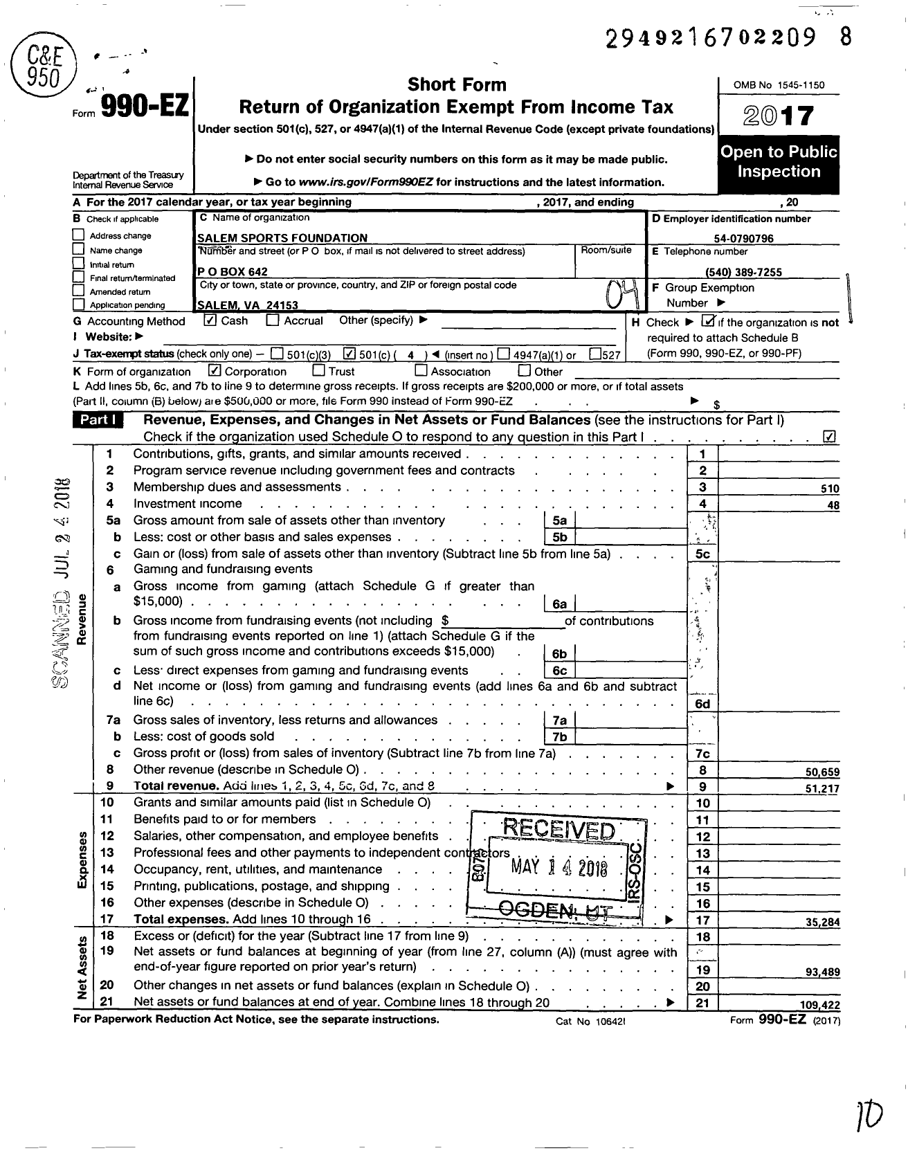 Image of first page of 2017 Form 990EO for Salem Sports Foundation