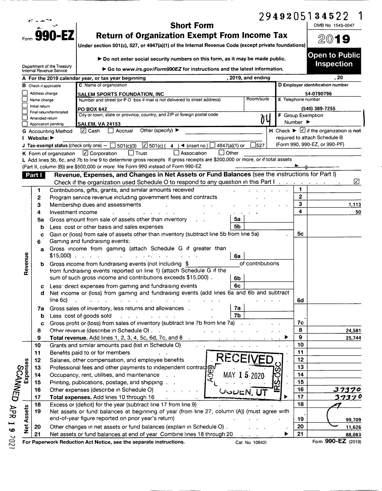 Image of first page of 2019 Form 990EO for Salem Sports Foundation