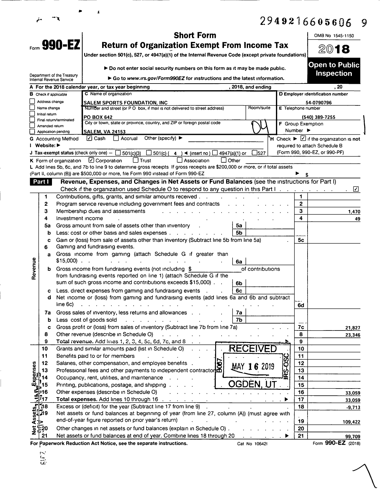 Image of first page of 2018 Form 990EO for Salem Sports Foundation