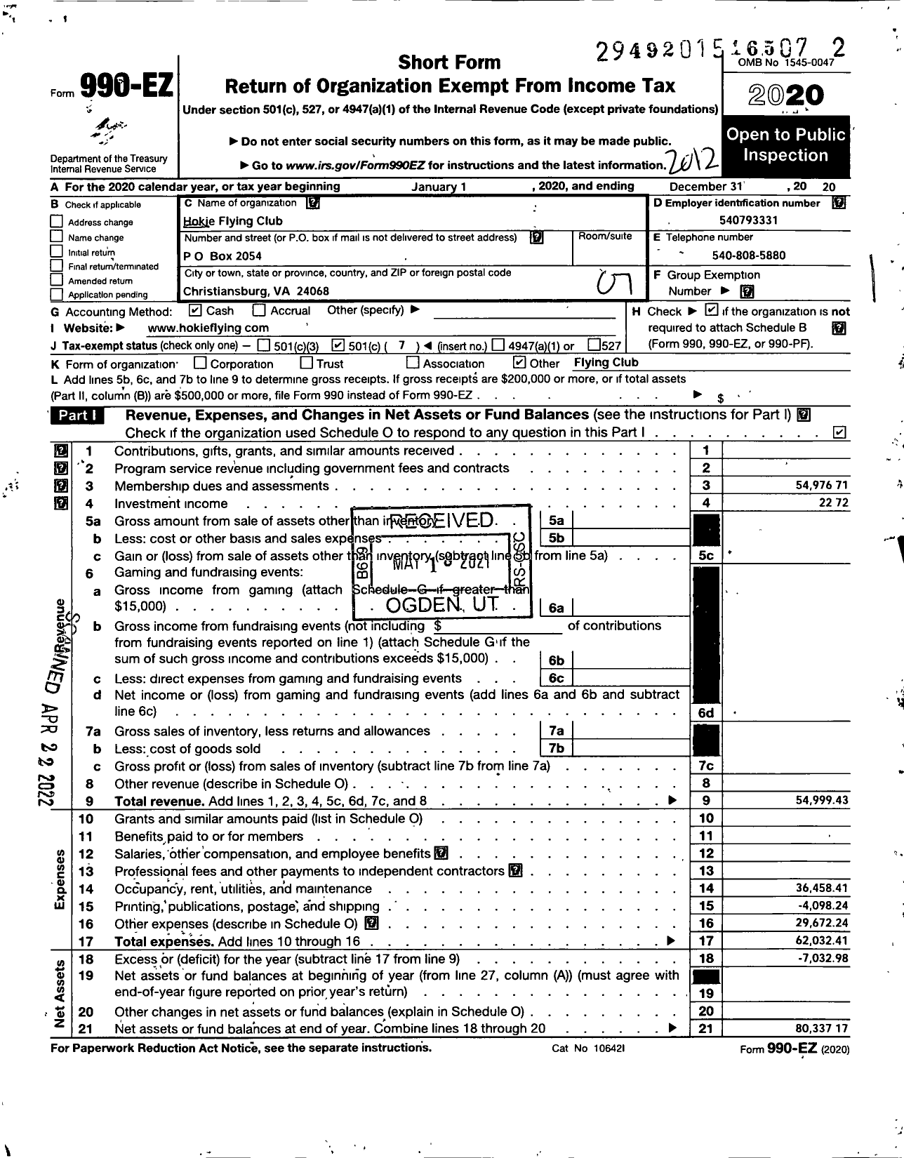 Image of first page of 2020 Form 990EO for Hokie Flying Club