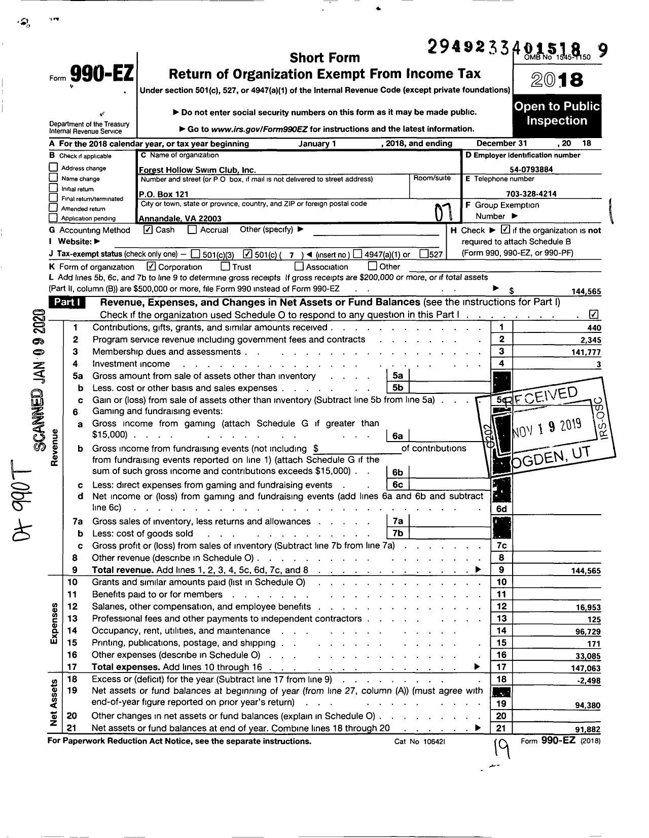 Image of first page of 2018 Form 990EO for Forest Hollow Swim Club