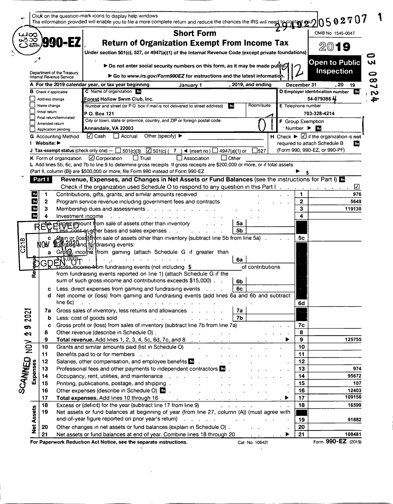 Image of first page of 2019 Form 990EO for Forest Hollow Swim Club