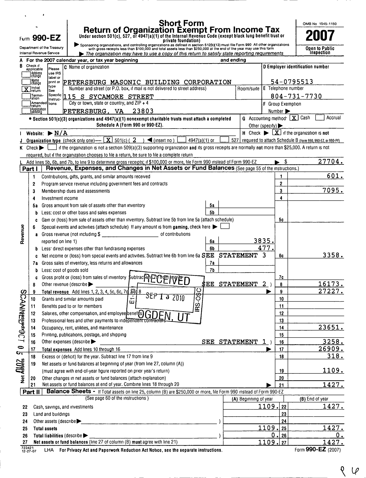 Image of first page of 2007 Form 990EO for Petersburg Masonic Building Corporation