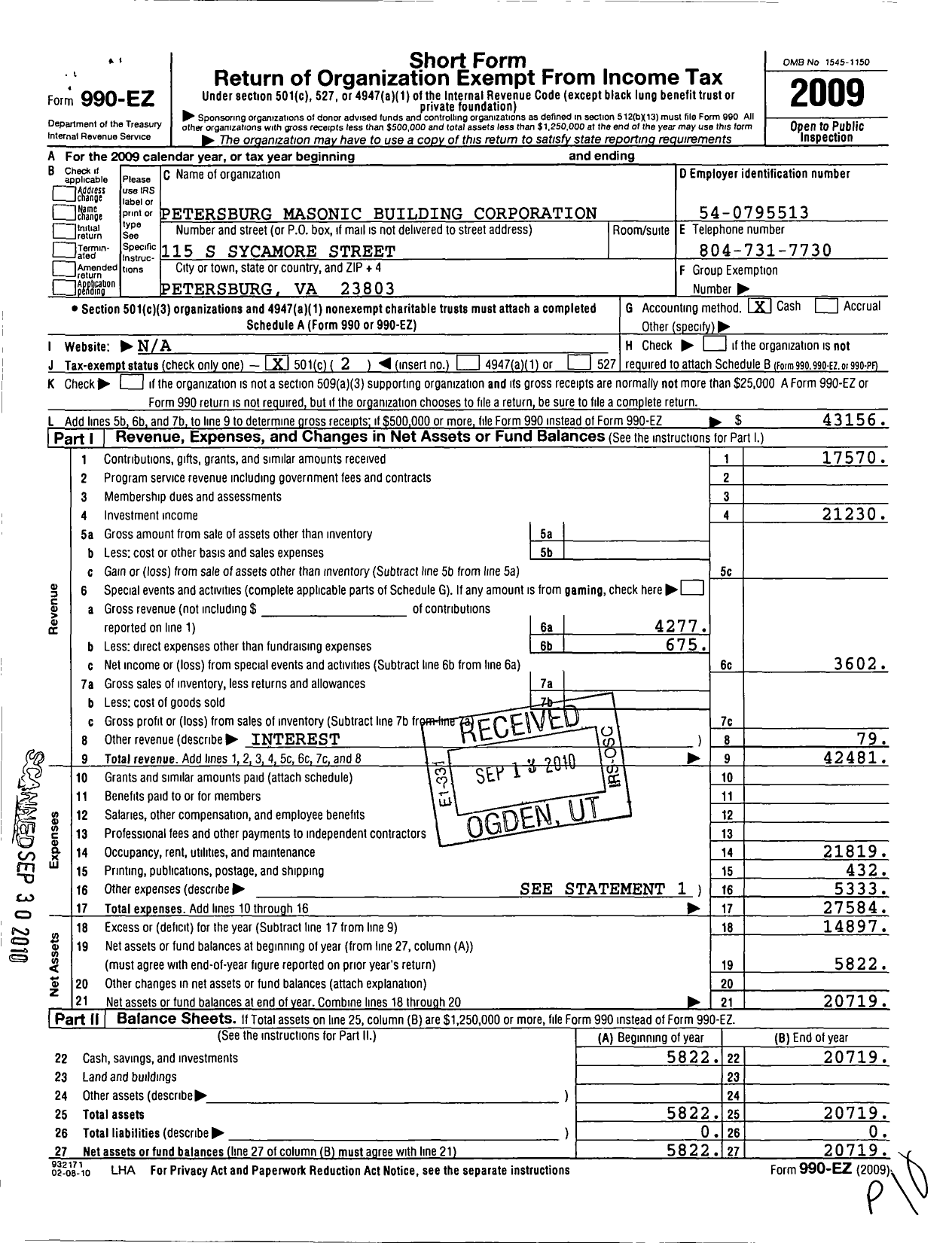 Image of first page of 2009 Form 990EO for Petersburg Masonic Building Corporation