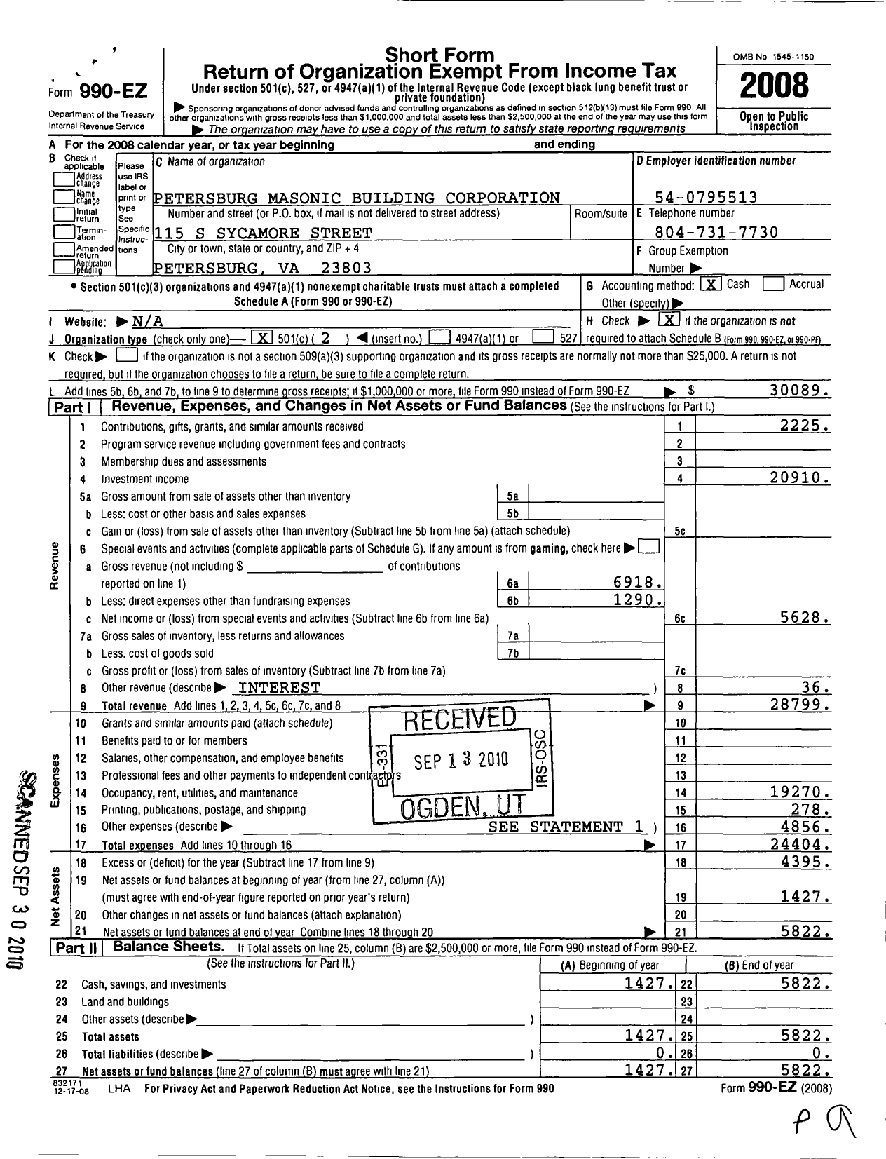 Image of first page of 2008 Form 990EO for Petersburg Masonic Building Corporation