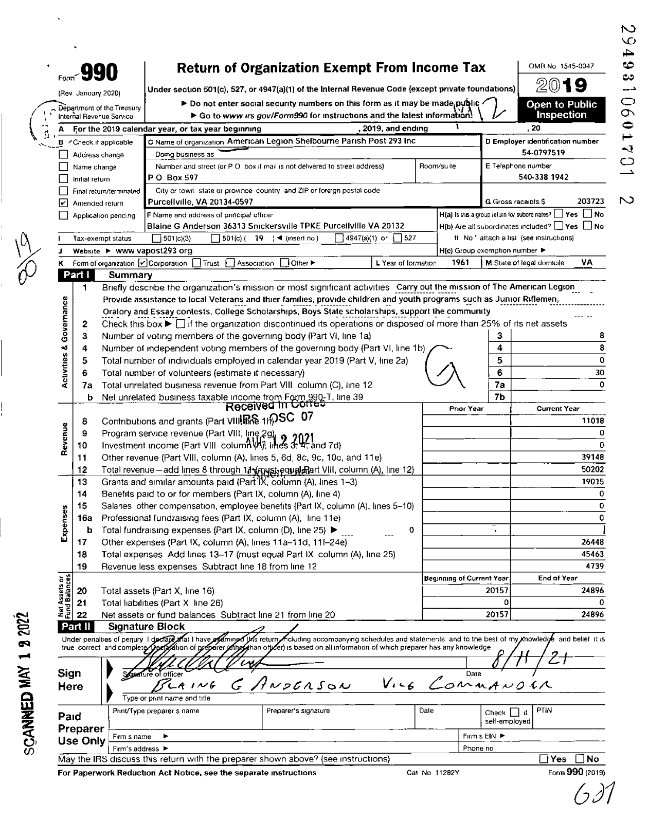 Image of first page of 2019 Form 990O for American Legion - 293 Post Shelbourne Parish