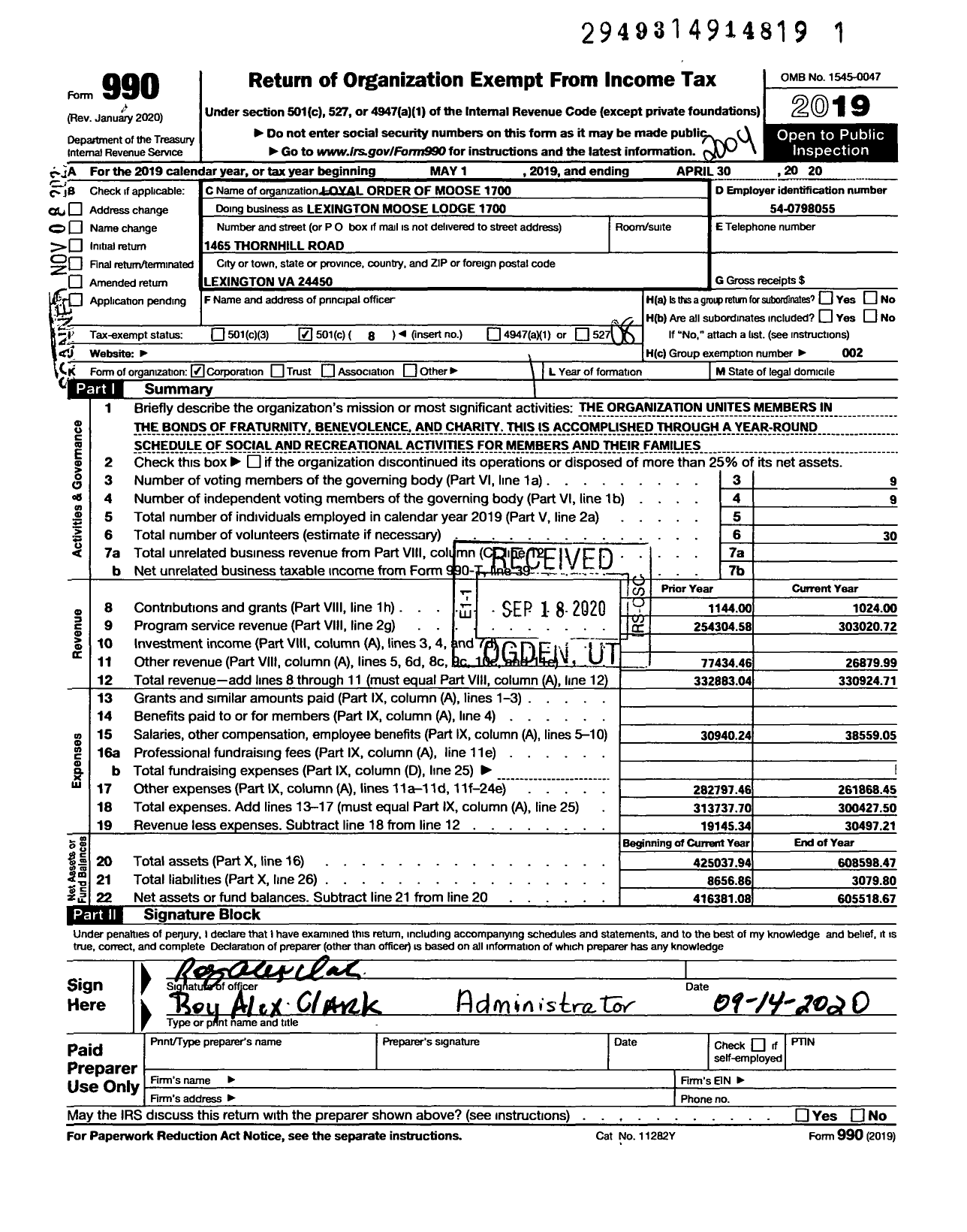 Image of first page of 2019 Form 990O for Loyal Order of Moose - 1700