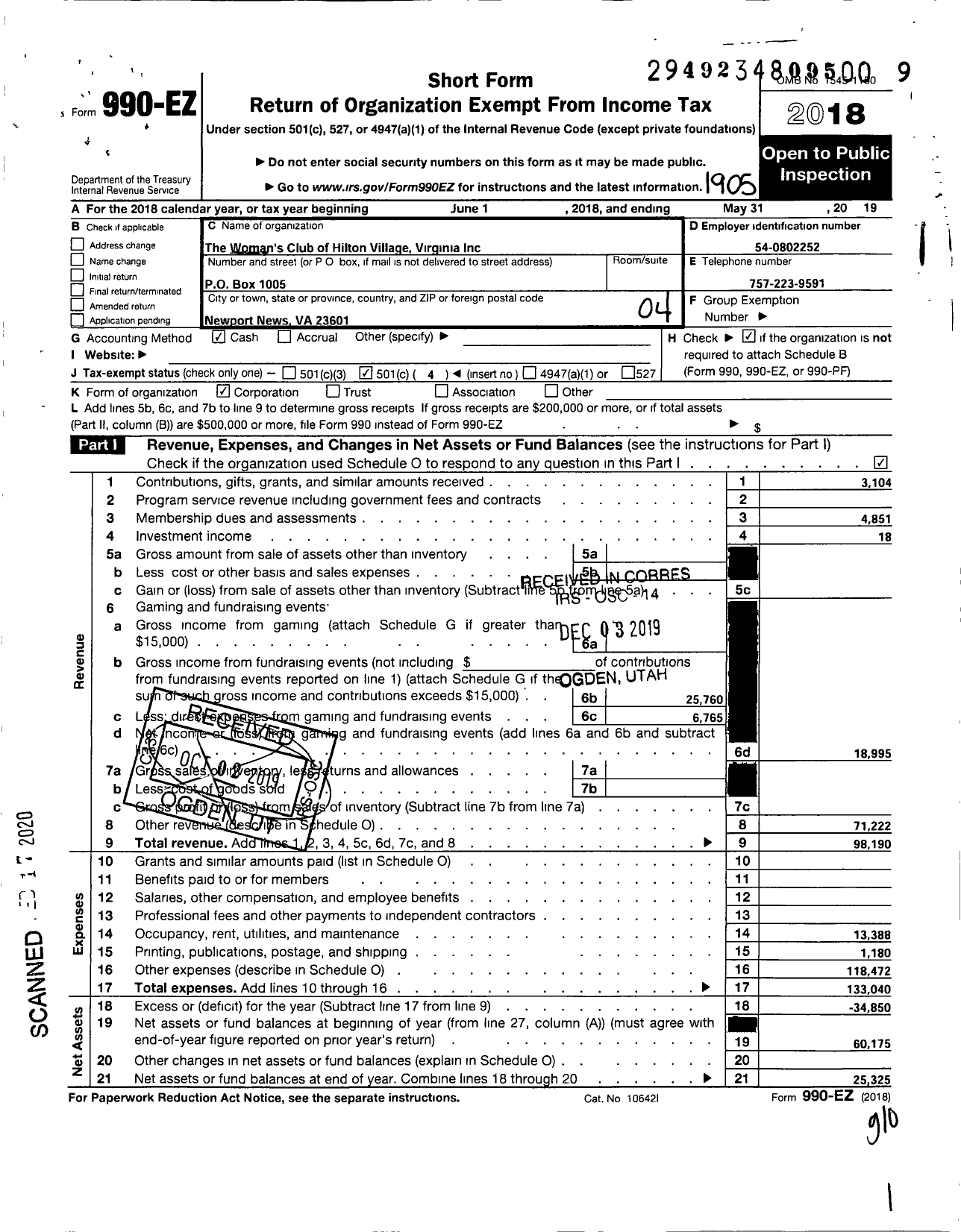 Image of first page of 2018 Form 990EO for Womans Club of Hilton Village Va