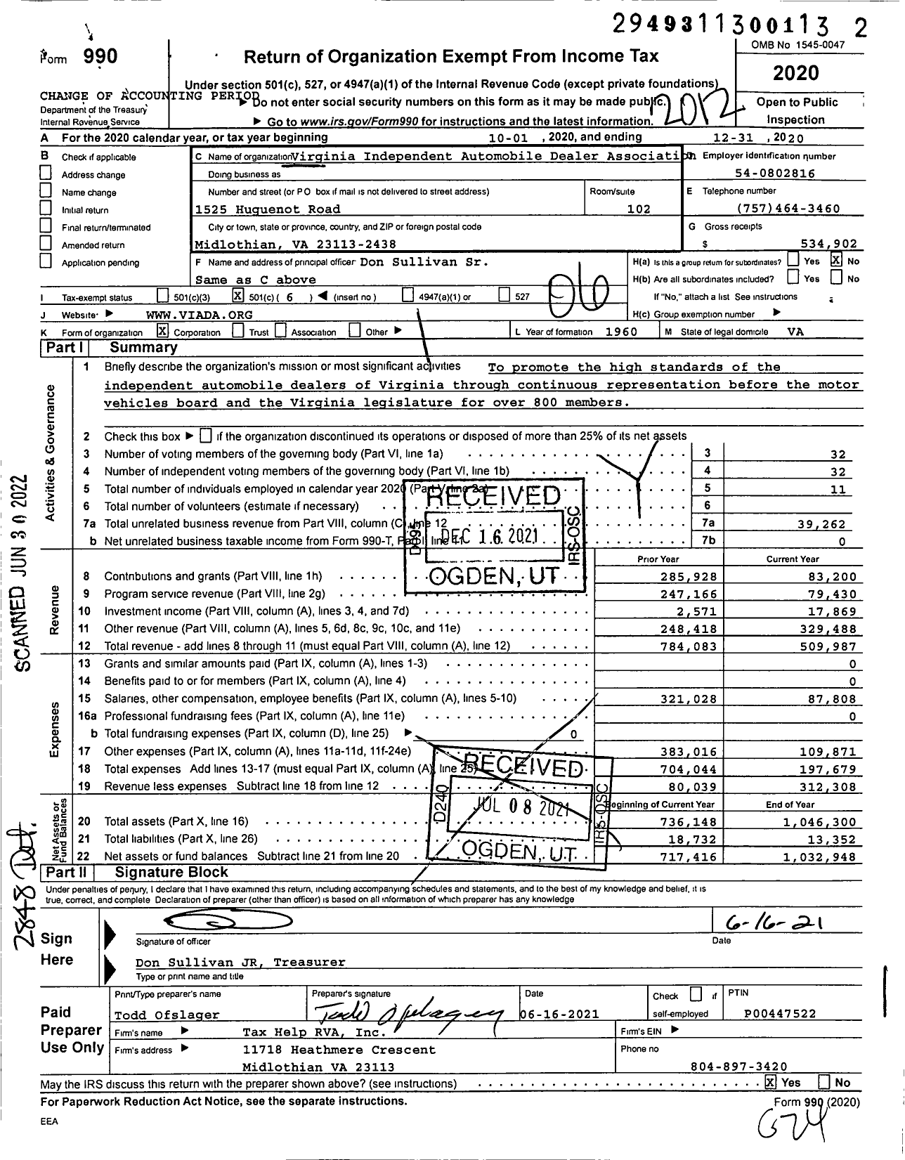 Image of first page of 2020 Form 990O for Virginia Independent Automobile Dealers Association