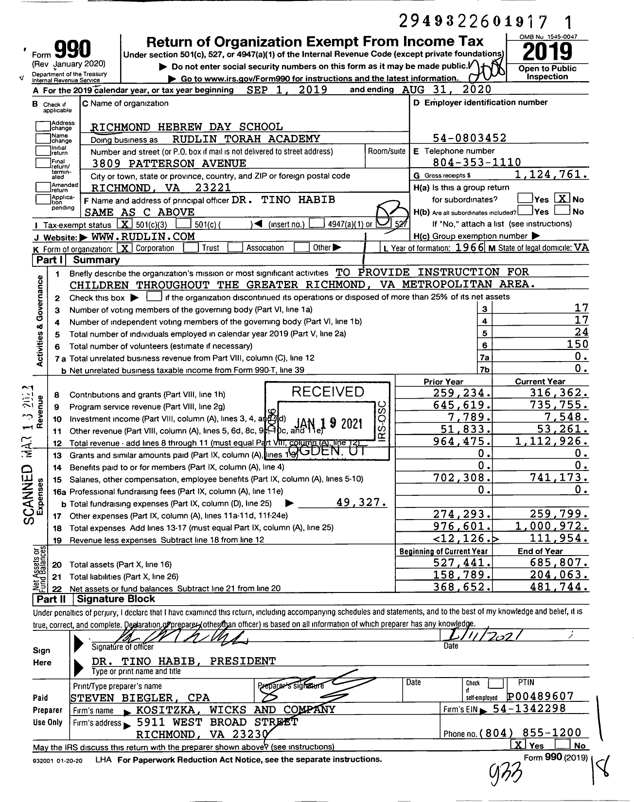 Image of first page of 2019 Form 990 for Rudlin Torah Academy