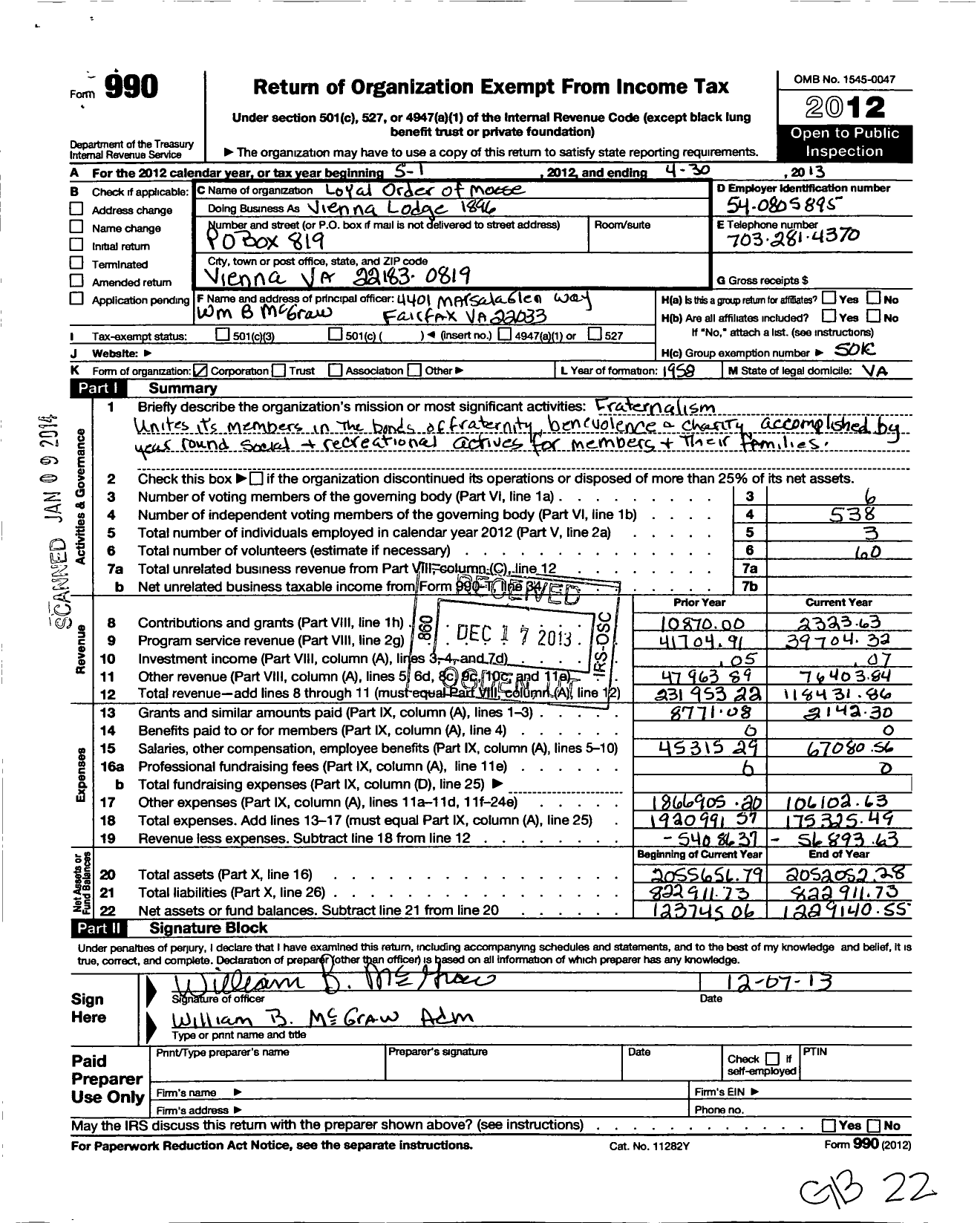 Image of first page of 2012 Form 990O for Vienna Moose Lodge 1896