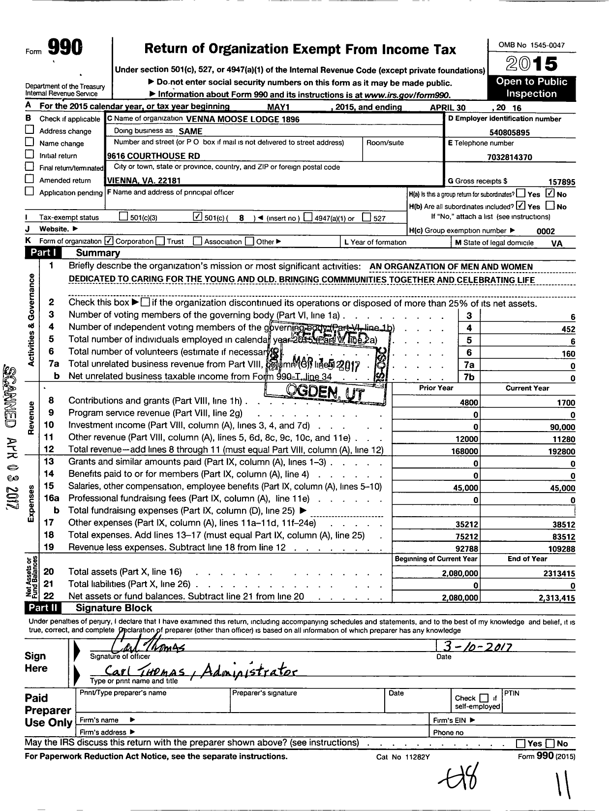 Image of first page of 2015 Form 990O for Vienna Moose Lodge 1896