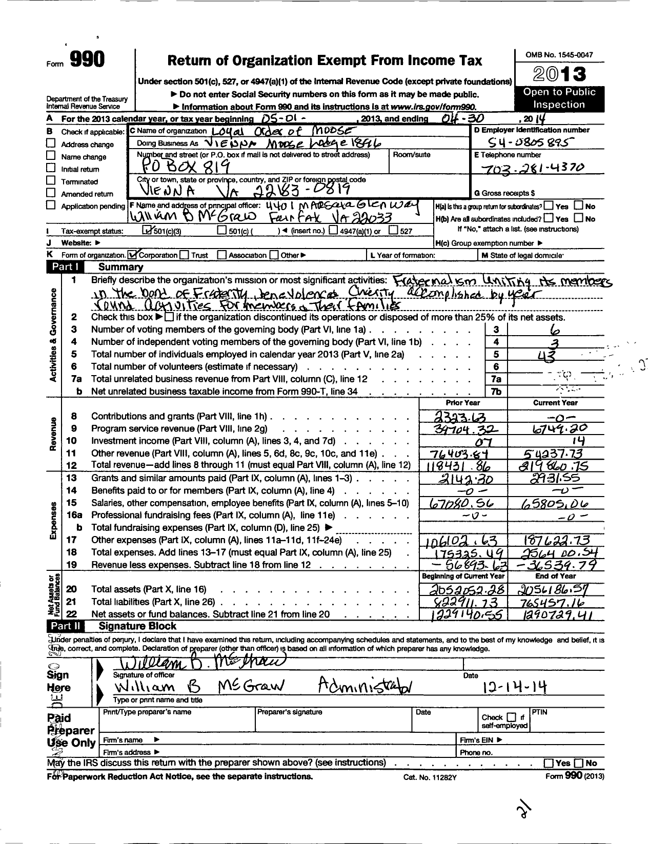 Image of first page of 2013 Form 990 for Vienna Moose Lodge 1896