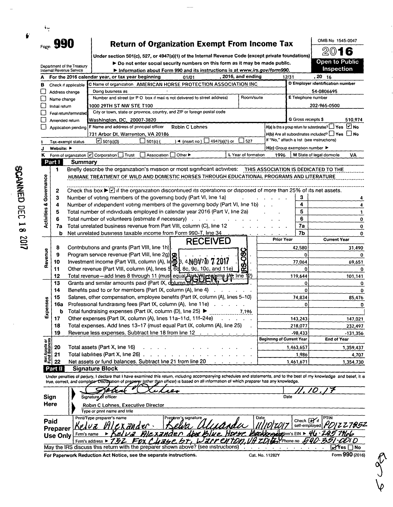 Image of first page of 2016 Form 990 for American Horse Protection Association