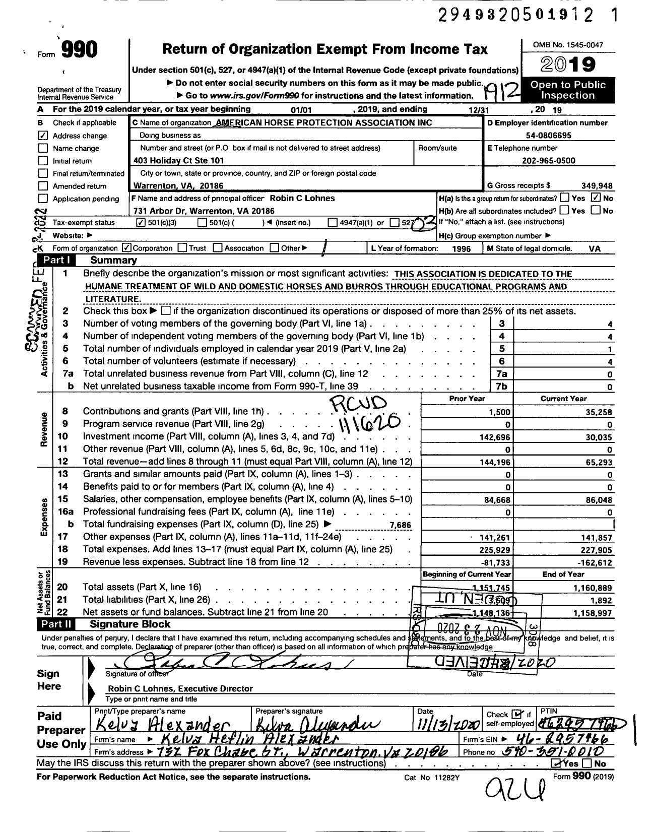 Image of first page of 2019 Form 990 for American Horse Protection Association