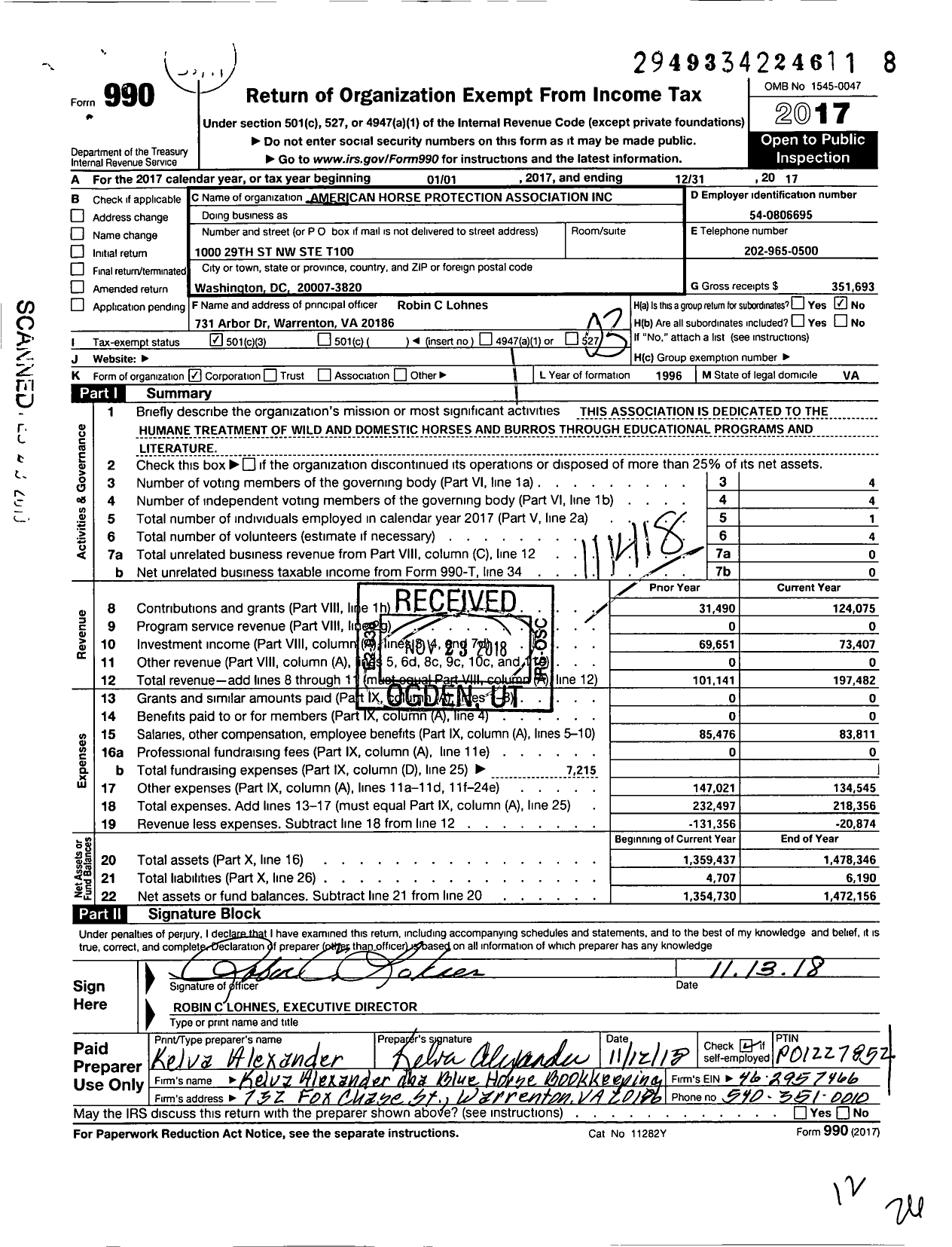 Image of first page of 2017 Form 990 for American Horse Protection Association