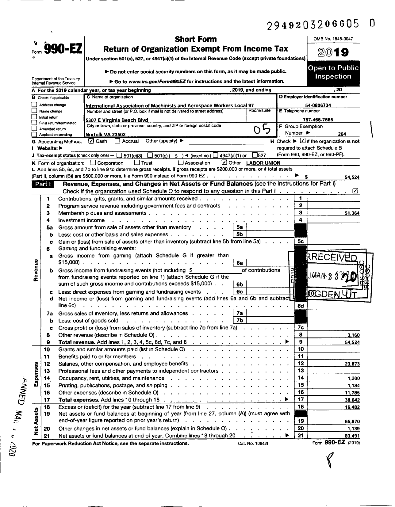 Image of first page of 2019 Form 990EO for International Association of Machinists and Aerospace Workers - 97 Local Lodge