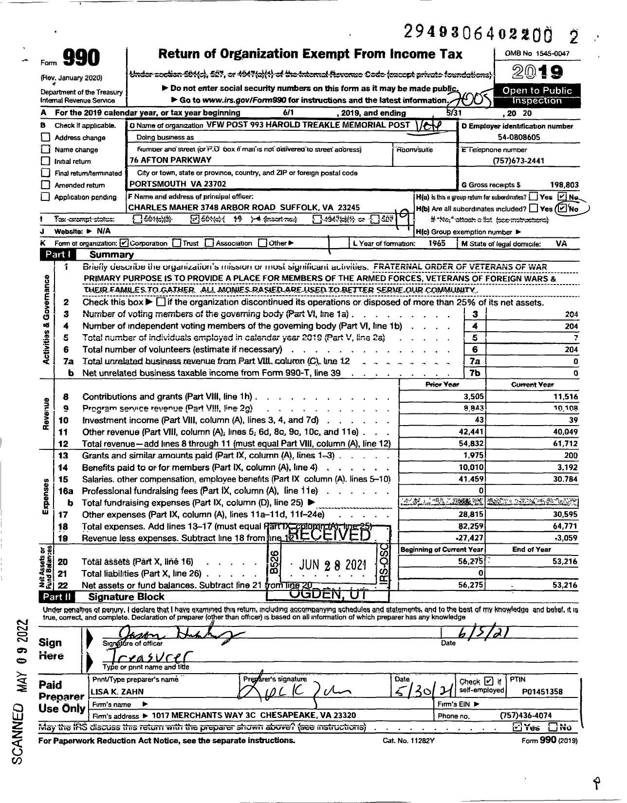 Image of first page of 2019 Form 990O for VFW Virginia - 993 Harold Treakle Memorial Post