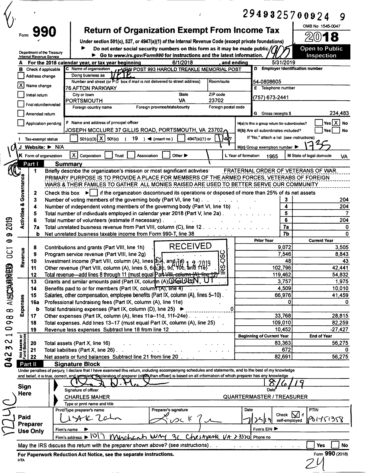 Image of first page of 2018 Form 990O for VFW Virginia - 993 Harold Treakle Memorial Post