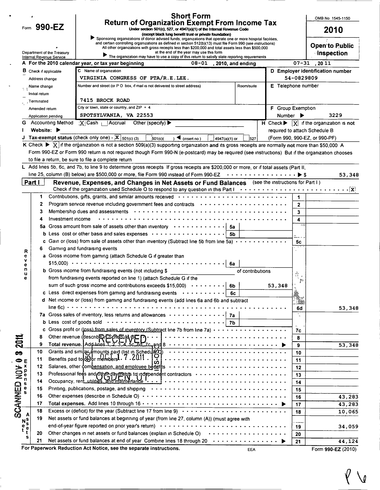 Image of first page of 2010 Form 990EZ for Virginia PTA - Spotsylvania Elementary School PTA