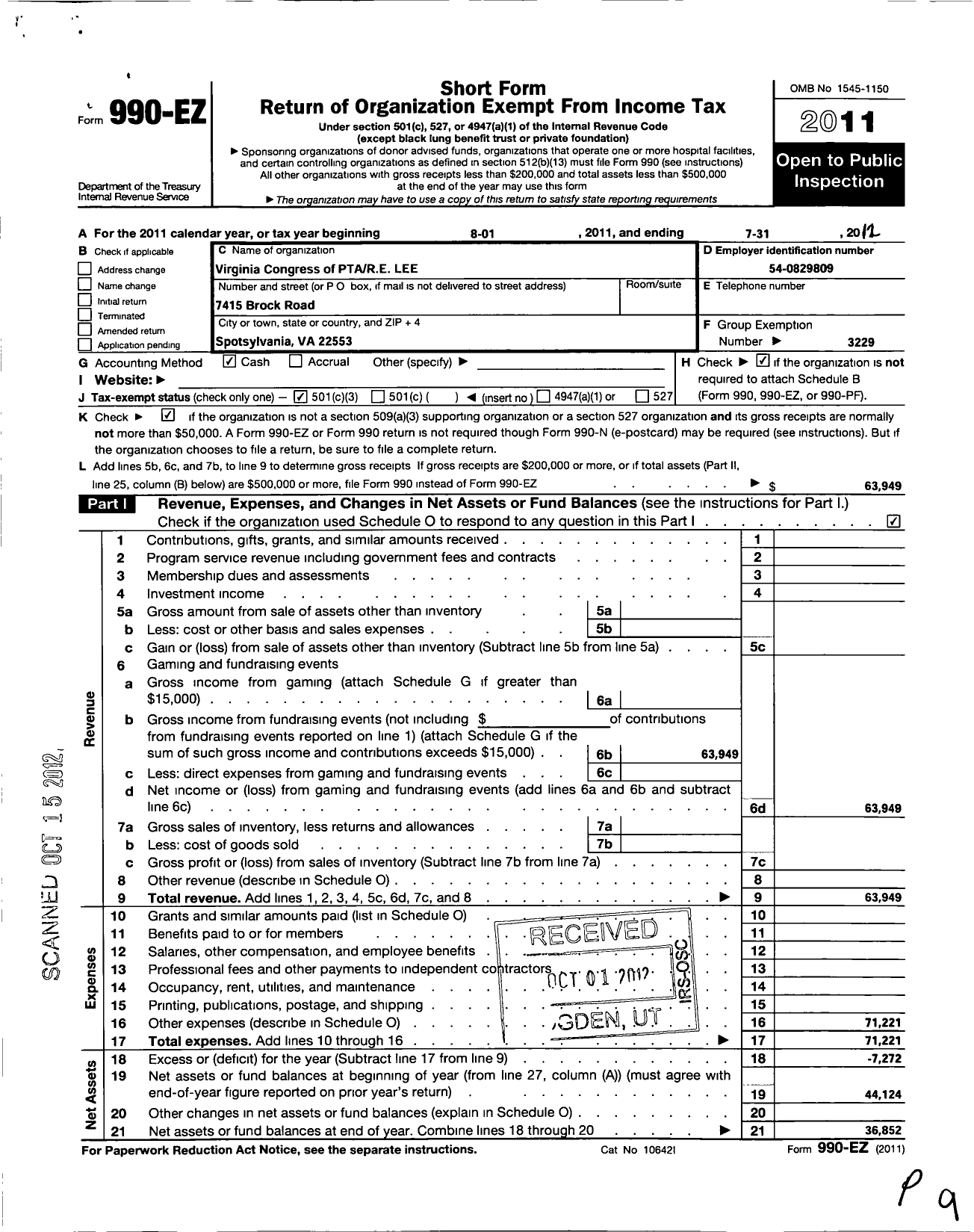 Image of first page of 2011 Form 990EZ for Virginia PTA - Spotsylvania Elementary School PTA