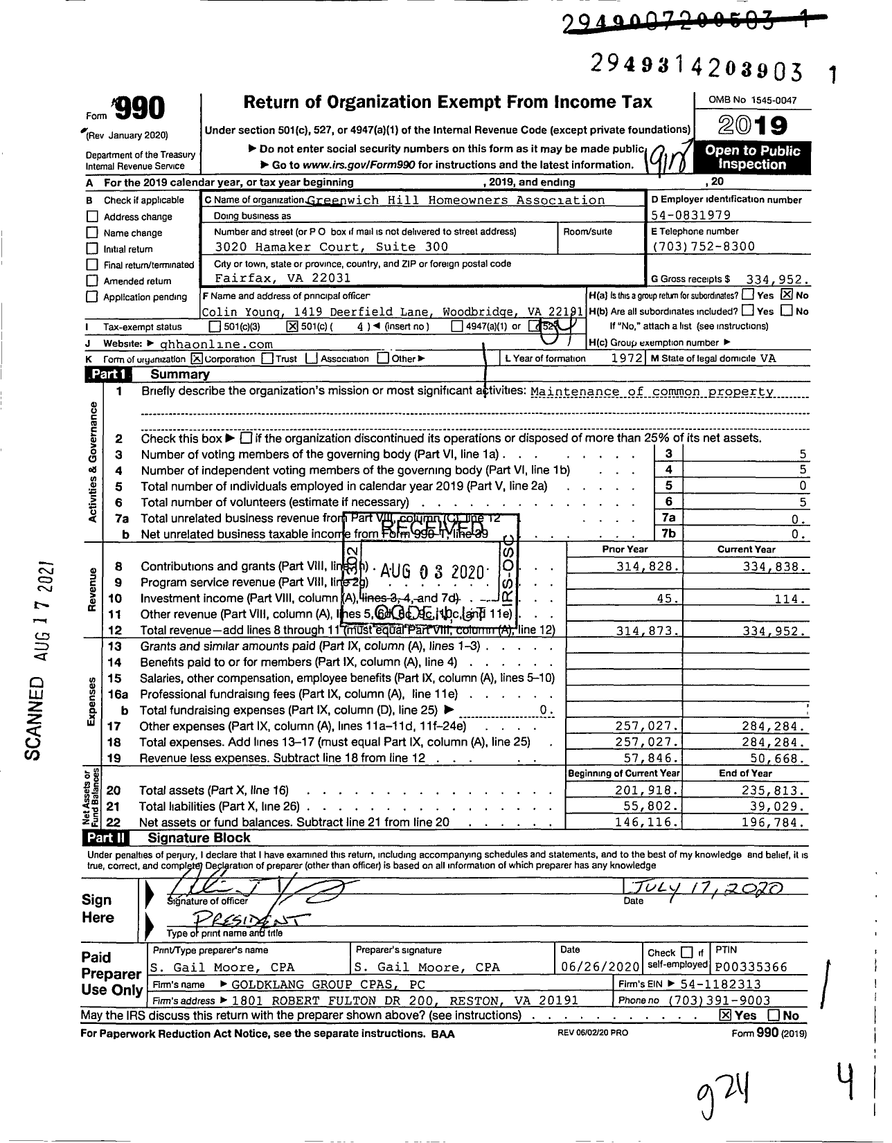 Image of first page of 2019 Form 990O for Greenwich Hill Homeowners Association