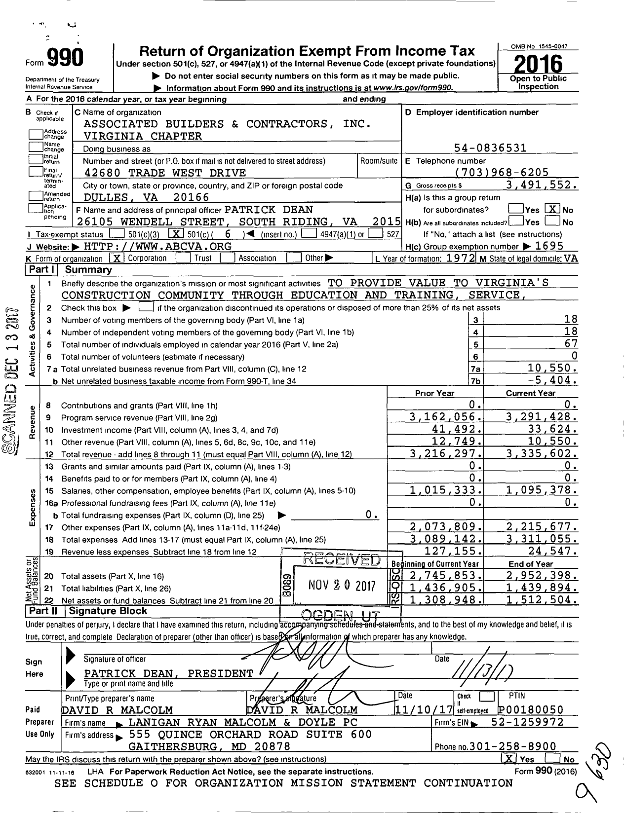 Image of first page of 2016 Form 990O for Associated Builders and Contractors - Virginia Chapter