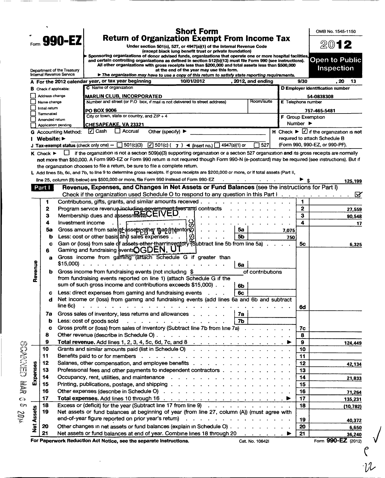 Image of first page of 2012 Form 990EO for Marlin Club Incorporated