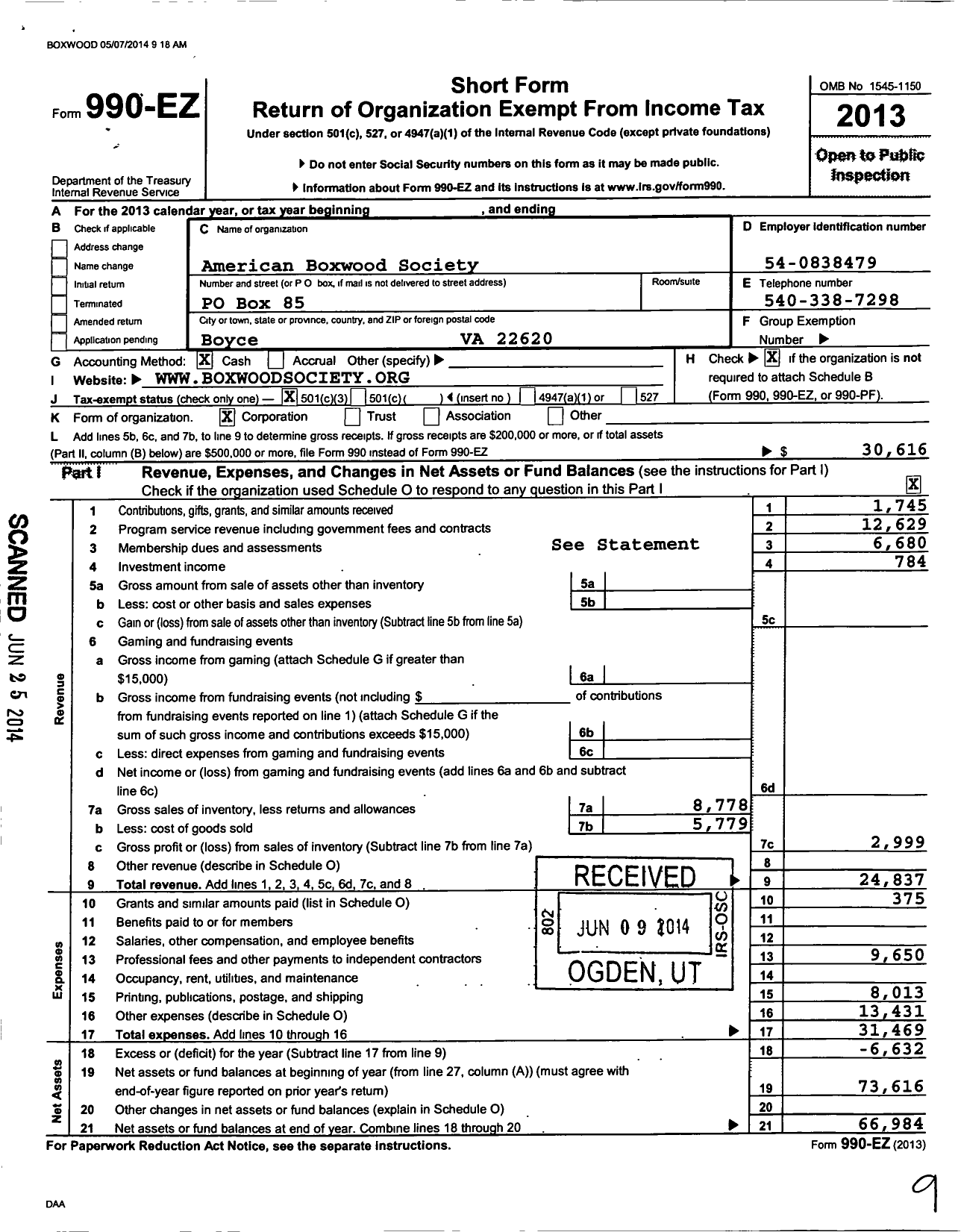 Image of first page of 2013 Form 990EZ for American Boxwood Society