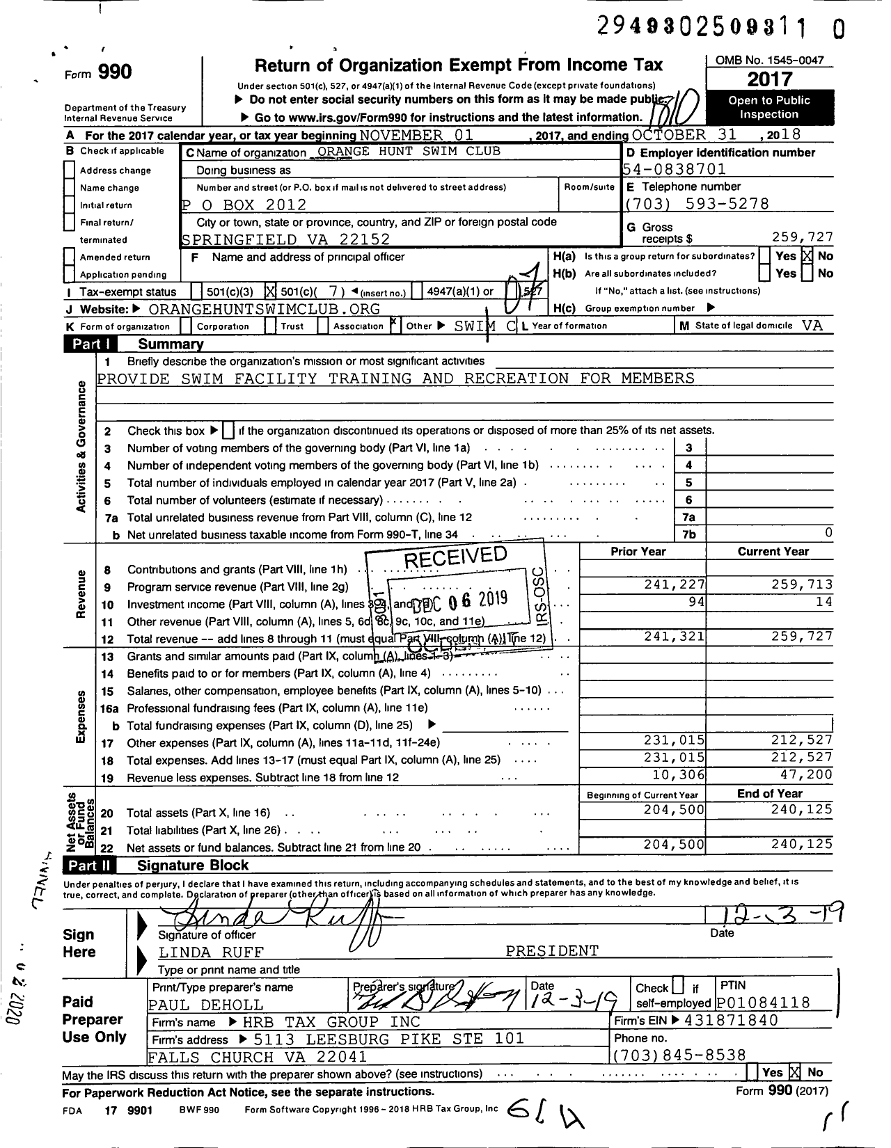 Image of first page of 2017 Form 990O for Orange Hunt Swim Club