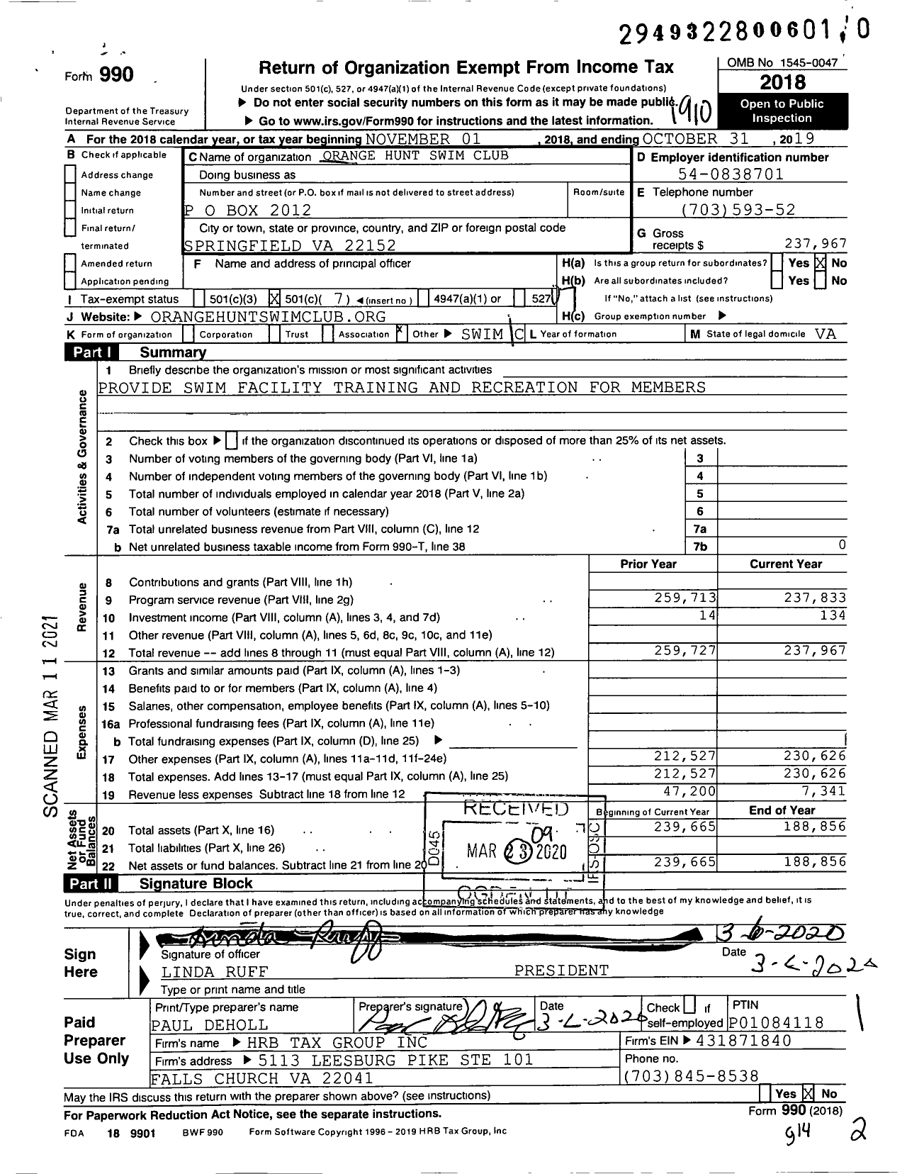 Image of first page of 2018 Form 990O for Orange Hunt Swim Club