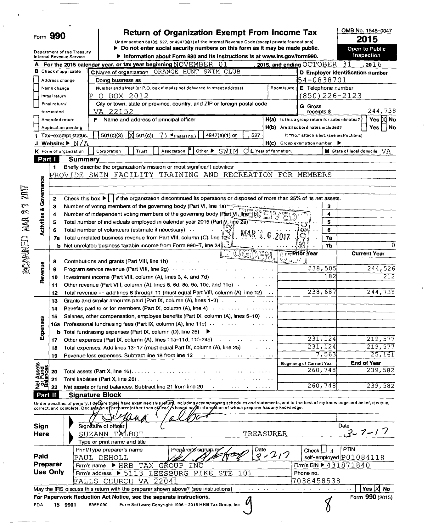 Image of first page of 2015 Form 990O for Orange Hunt Swim Club