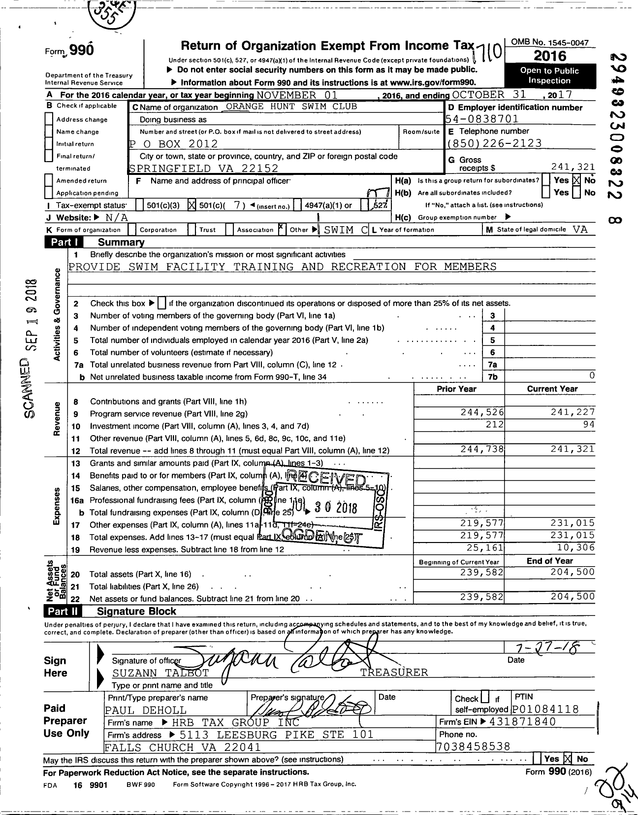 Image of first page of 2016 Form 990O for Orange Hunt Swim Club