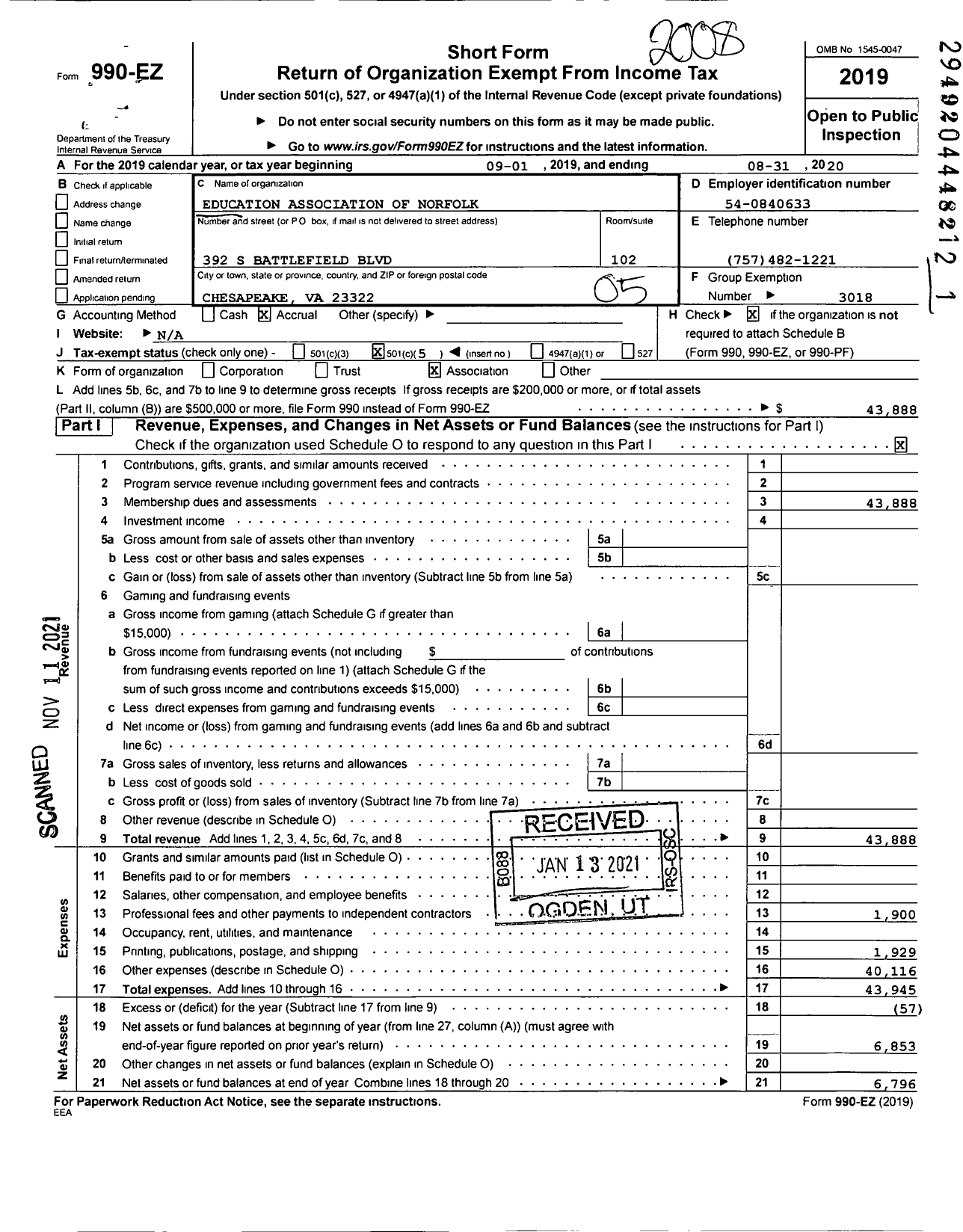 Image of first page of 2019 Form 990EO for Education Association of Norfolk