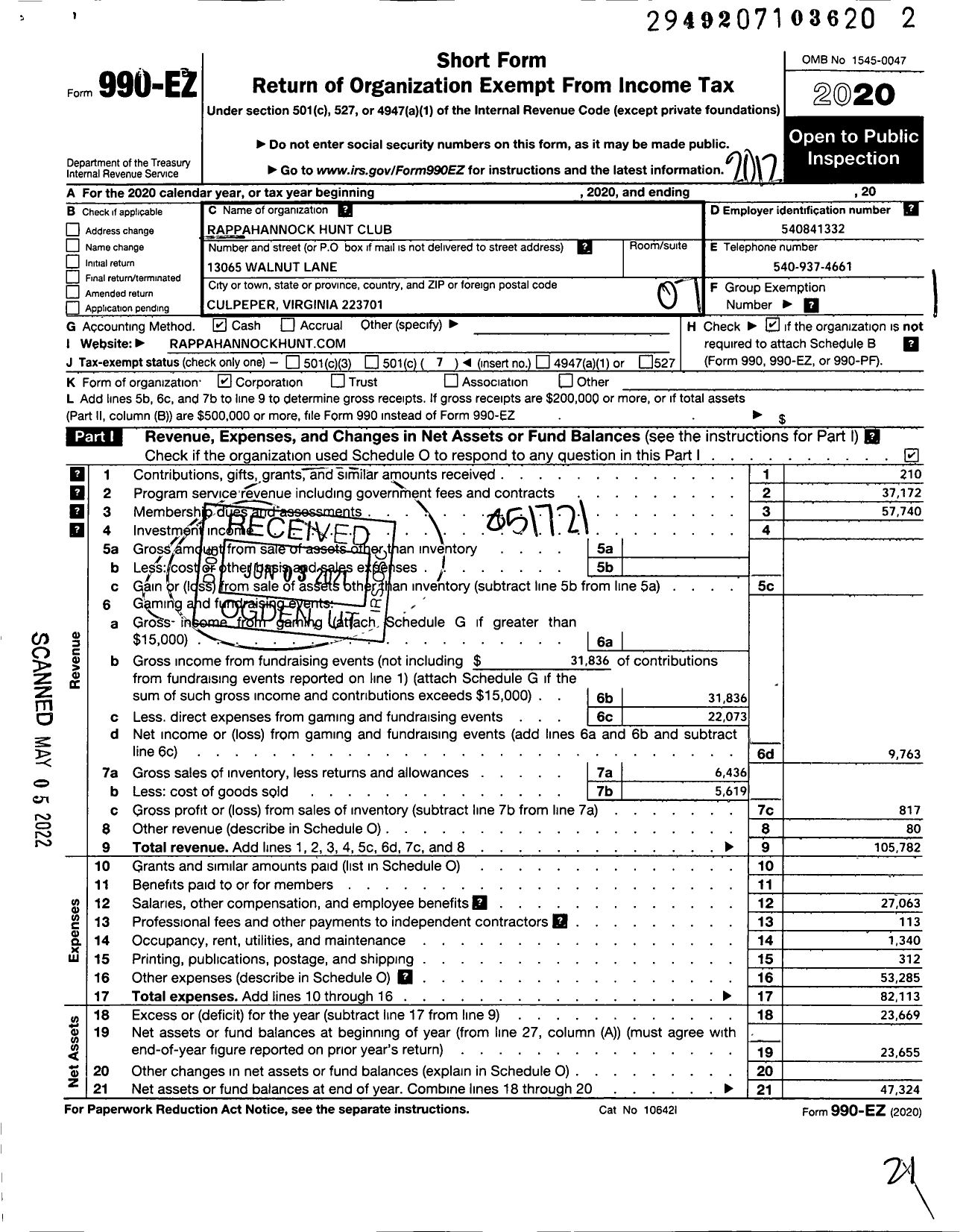 Image of first page of 2020 Form 990EO for The Rappahannock Hunt