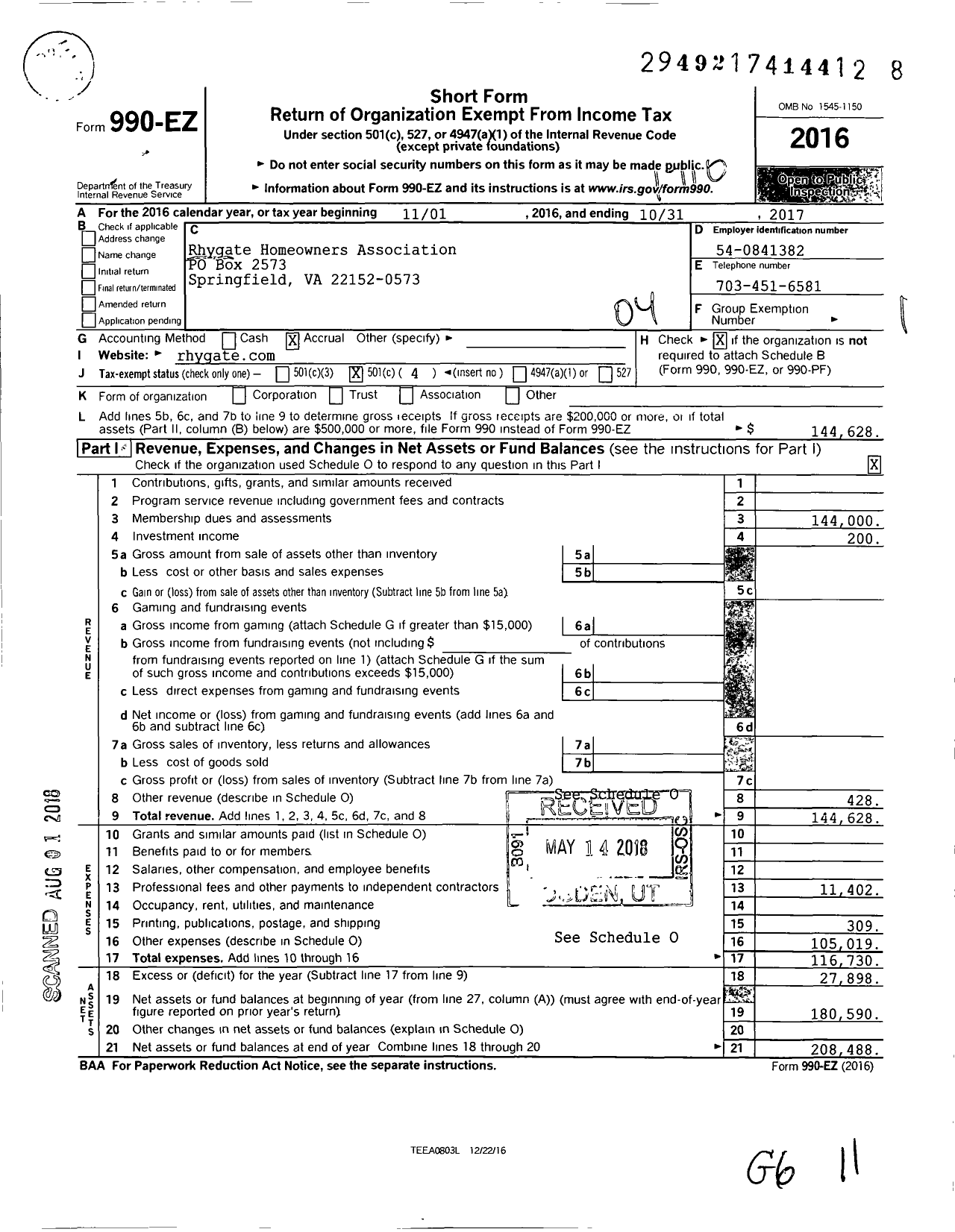 Image of first page of 2016 Form 990EO for Rhygate Homeowners Association