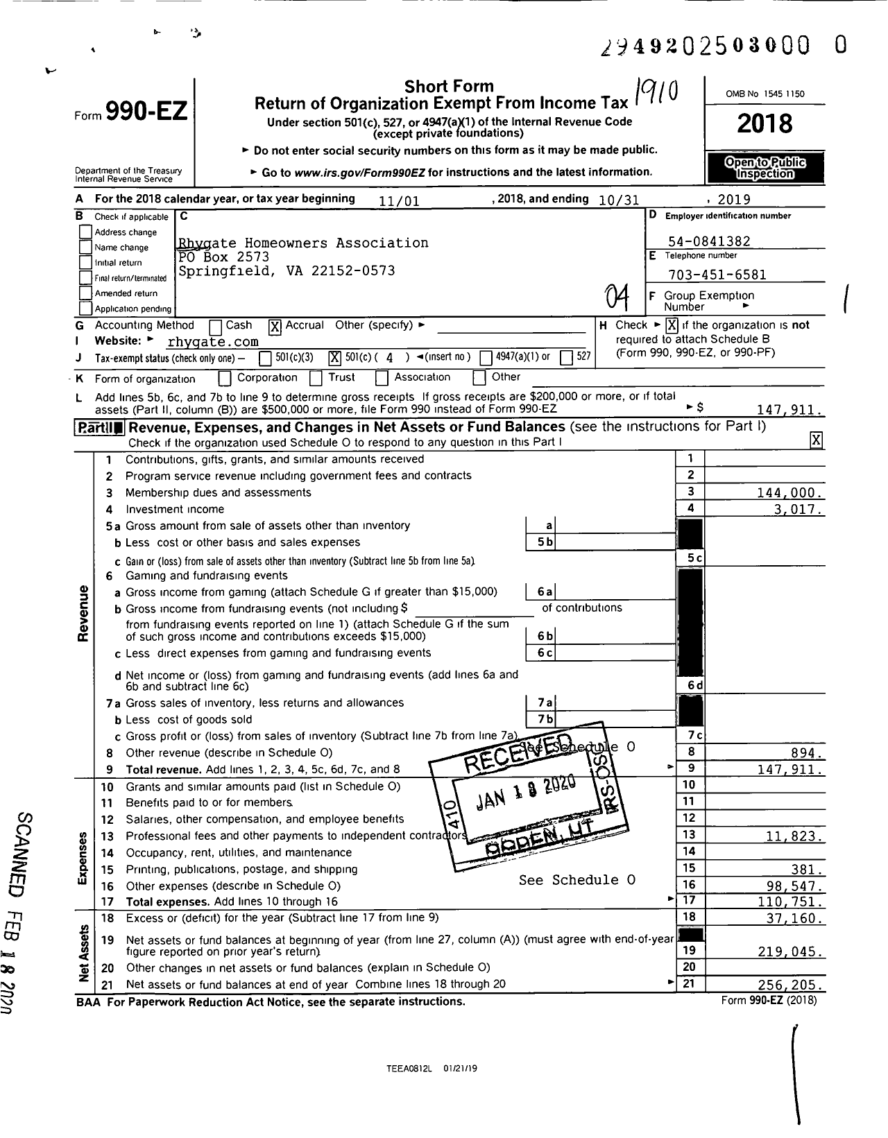 Image of first page of 2018 Form 990EO for Rhygate Homeowners Association