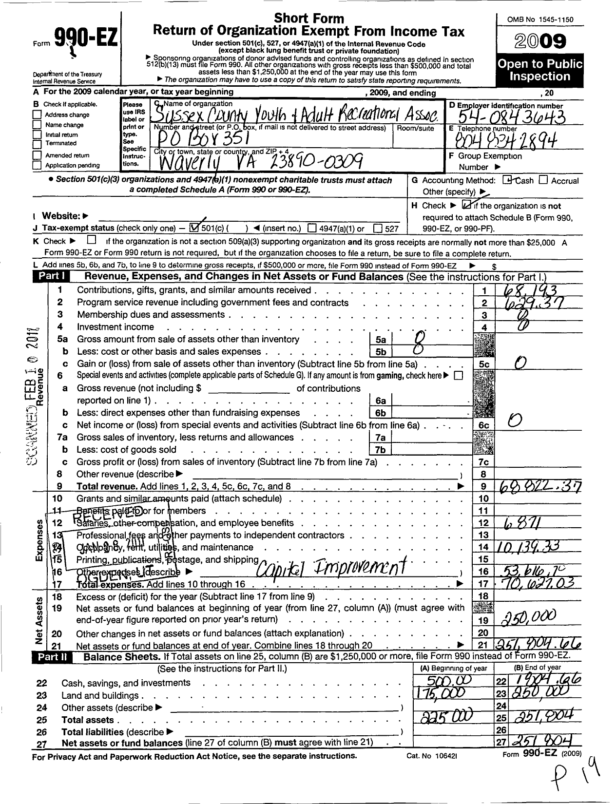 Image of first page of 2009 Form 990EO for Sussex County Youth and Adult Recreational Association