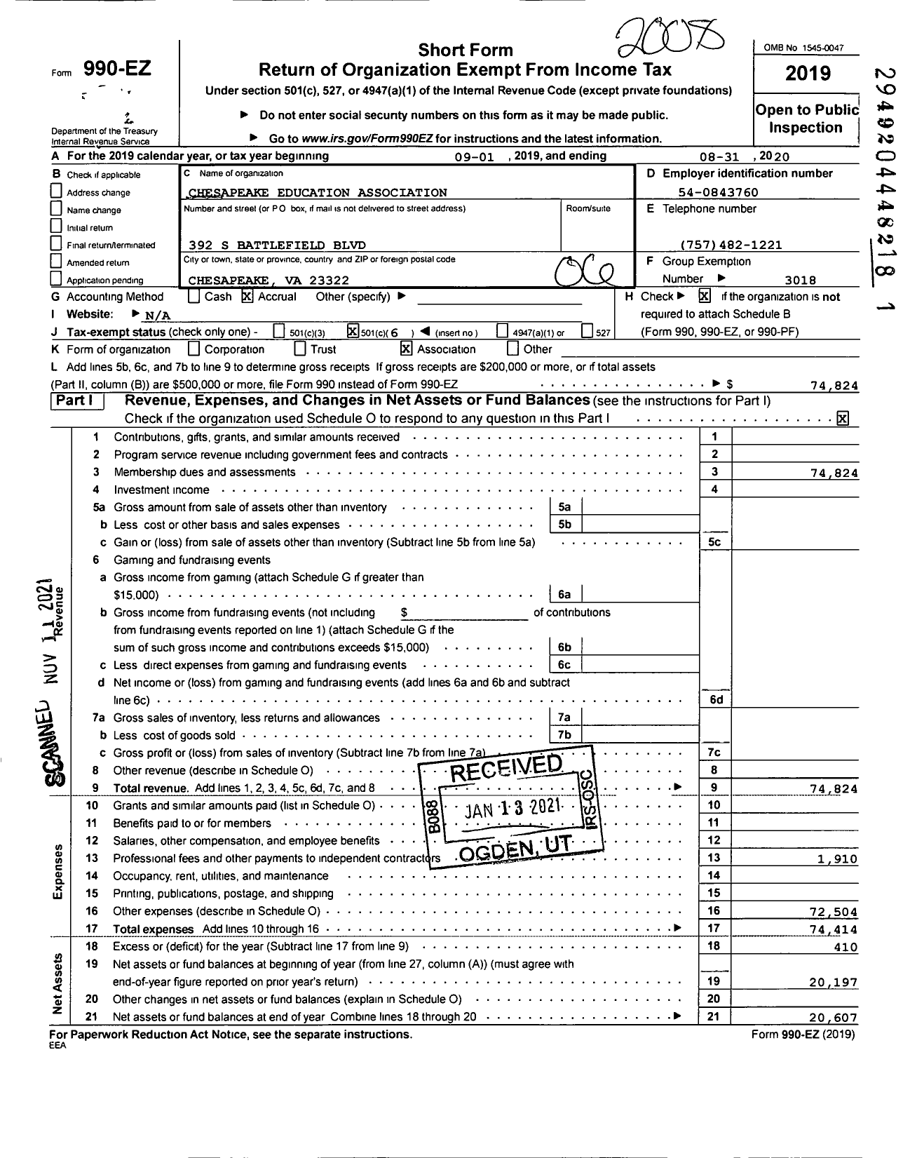 Image of first page of 2019 Form 990EO for Chesapeake Education Association