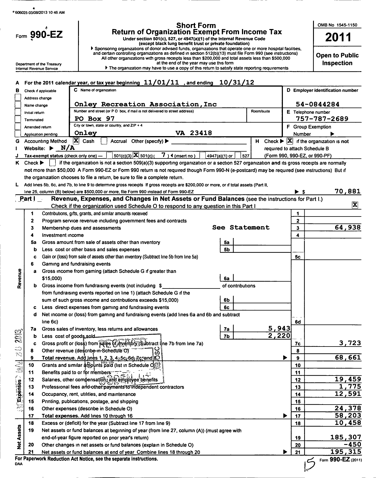 Image of first page of 2011 Form 990EO for Onley Recreation Association