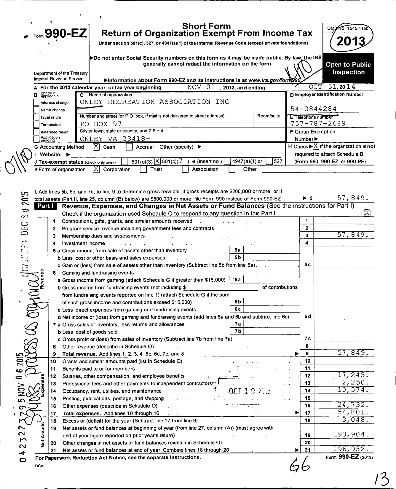 Image of first page of 2013 Form 990EO for Onley Recreation Association