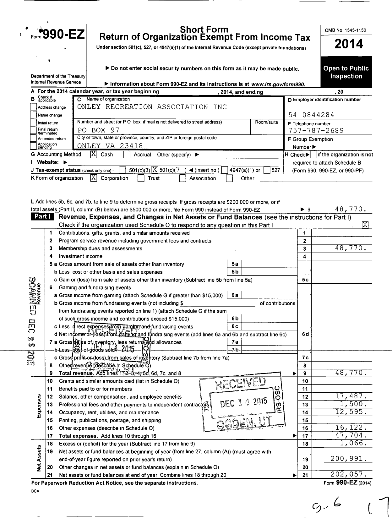 Image of first page of 2014 Form 990EO for Onley Recreation Association