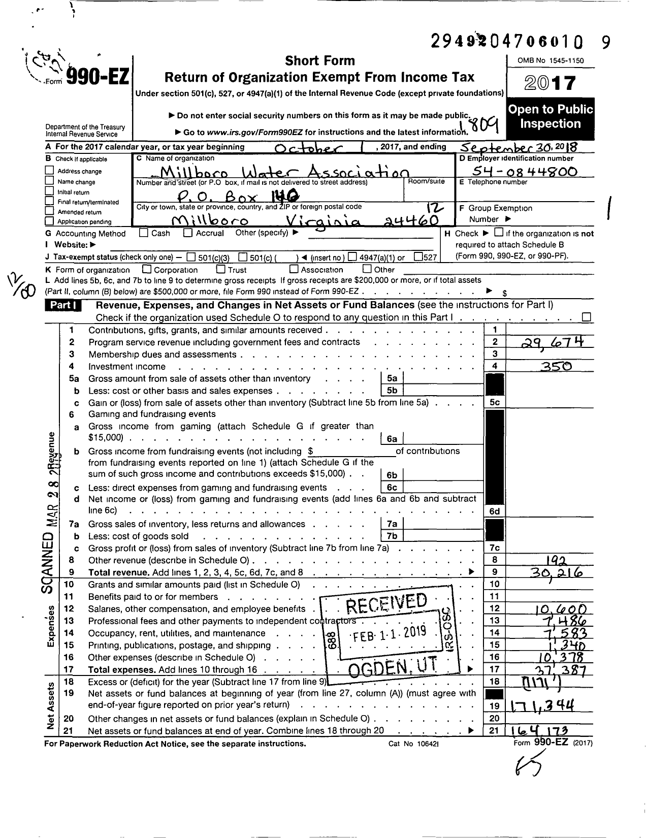 Image of first page of 2017 Form 990EO for Millboro Water Association