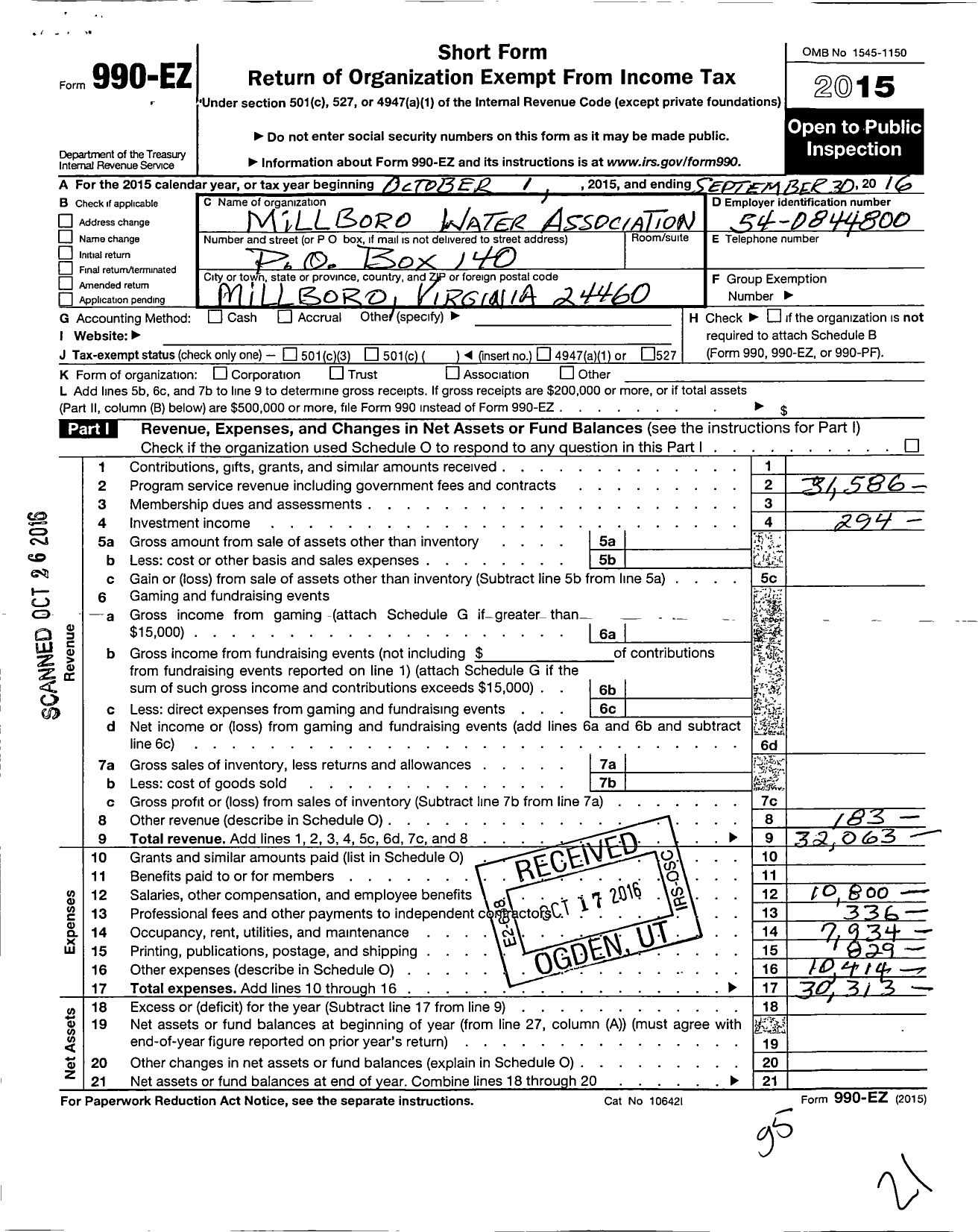 Image of first page of 2015 Form 990EO for Millboro Water Association