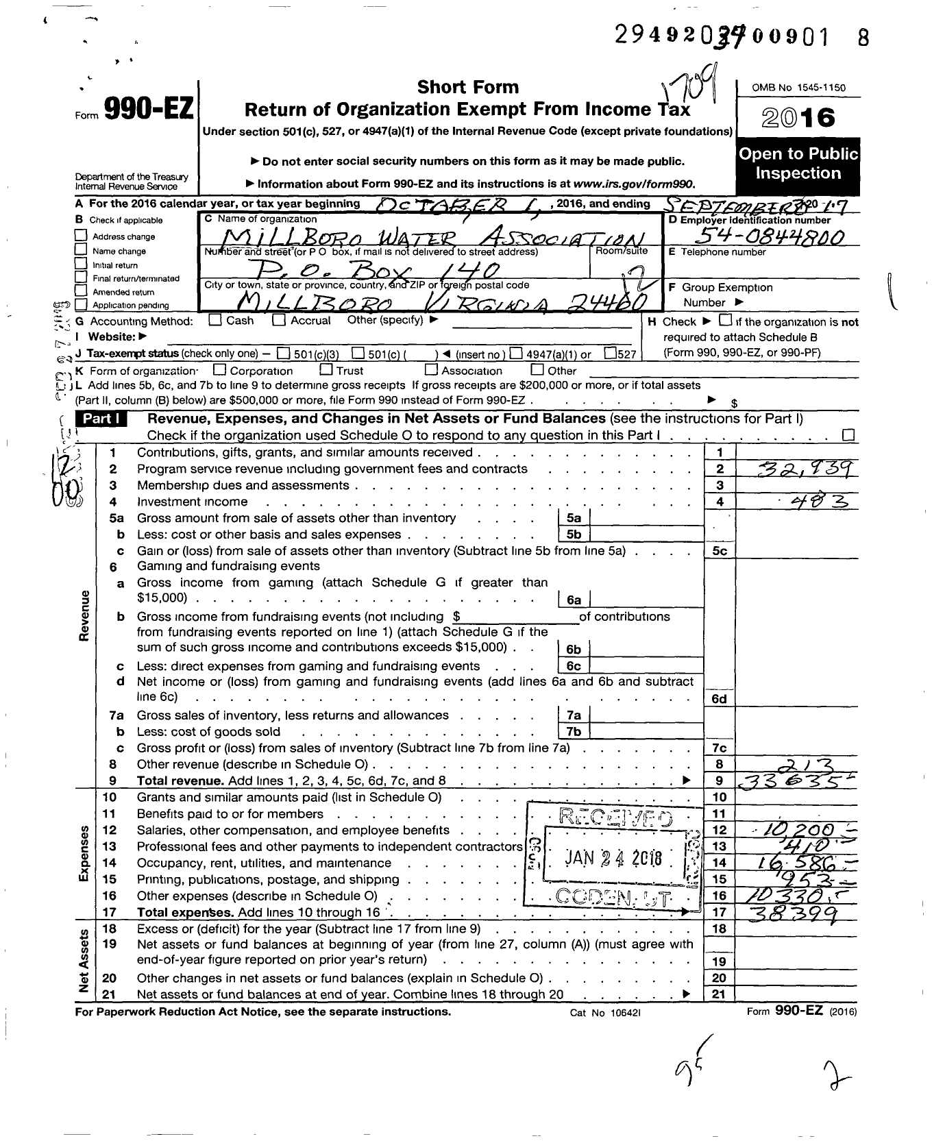 Image of first page of 2016 Form 990EO for Millboro Water Association