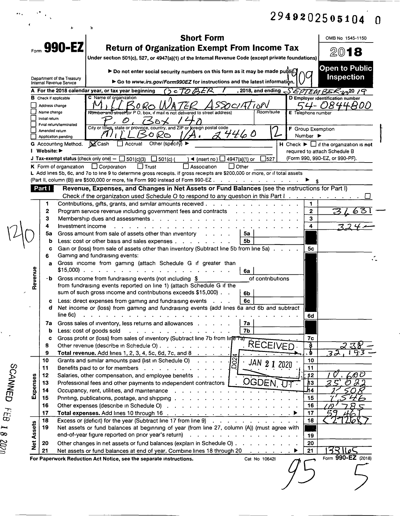 Image of first page of 2018 Form 990EO for Millboro Water Association